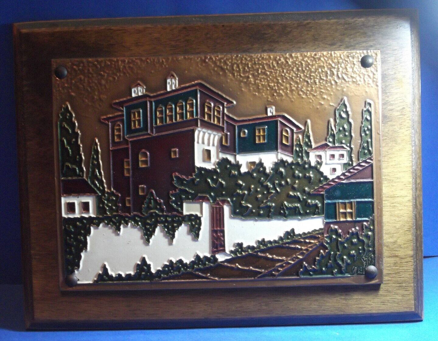 AETHRA Wall Plaque copper GREEK HOUSE 24.5 cm x 17.5 cm Greece Handmade Picture