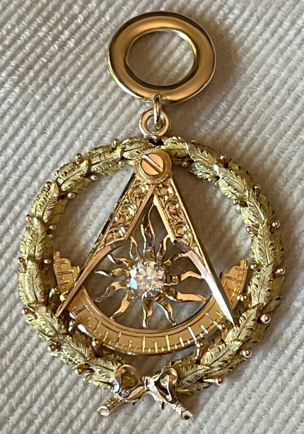 Antique 1908 14k Yellow/Green Gold Past Master Pin with Moissanite center stone