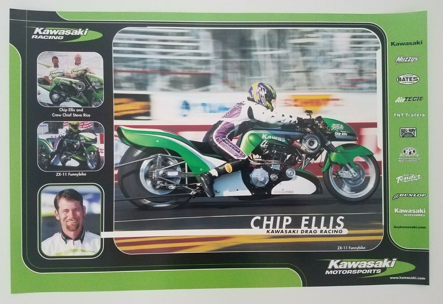 Vintage Poster 1999 Chip Ellis Kawasaki Muzzy ZX11 Funnybike Prostar NHRA Drag