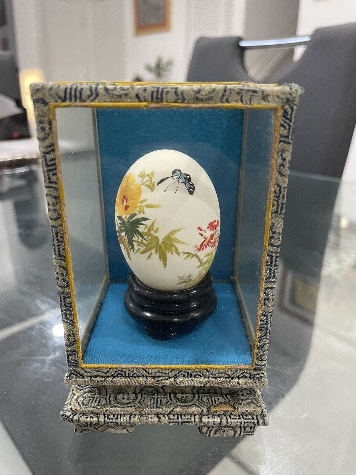 Vintage Chinese Hand Painted Egg in Case Flowers And Butterfly
