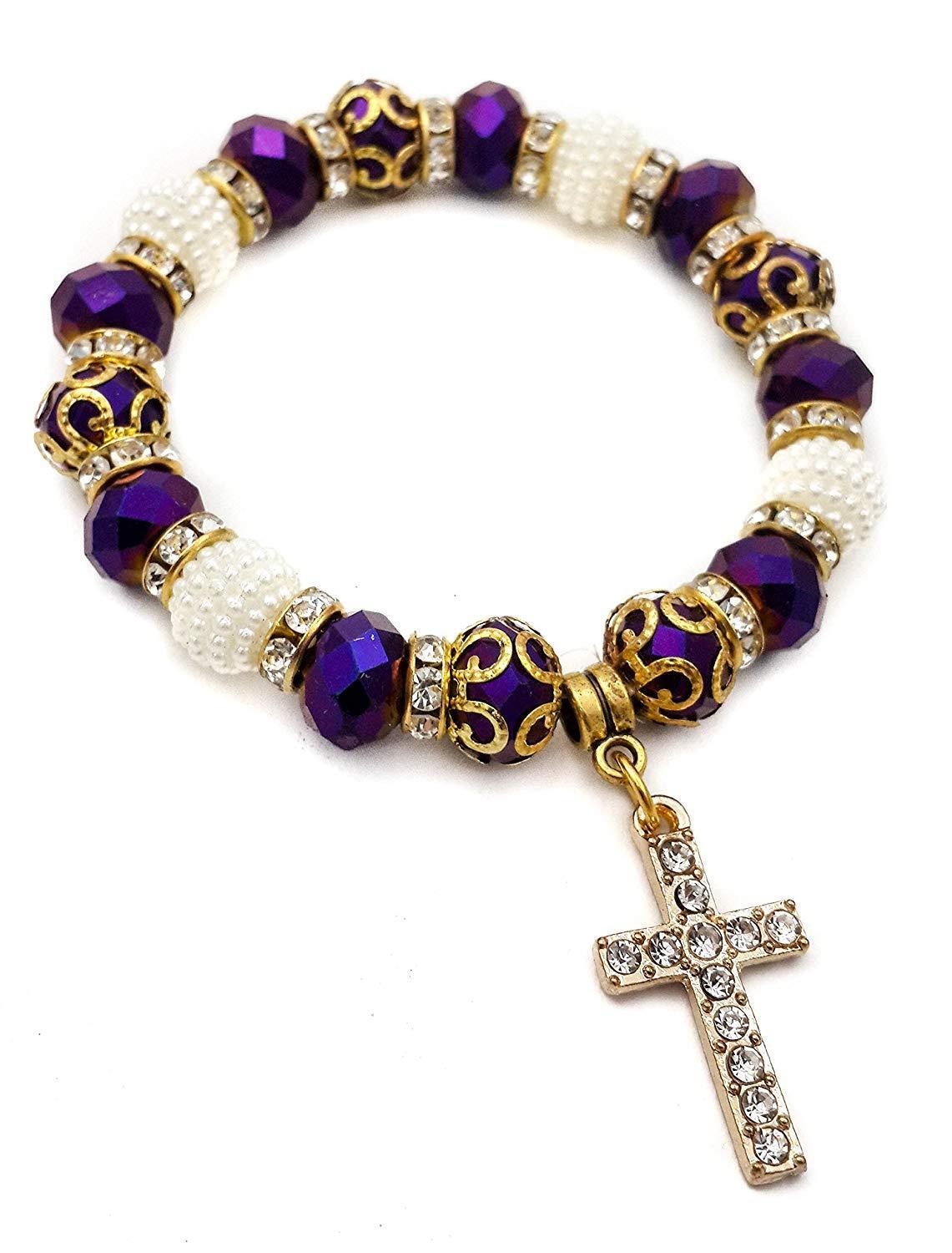Purple Crystal Beads Rosary Bracelet Catholic Bangle Gold Cross Zircons Gems