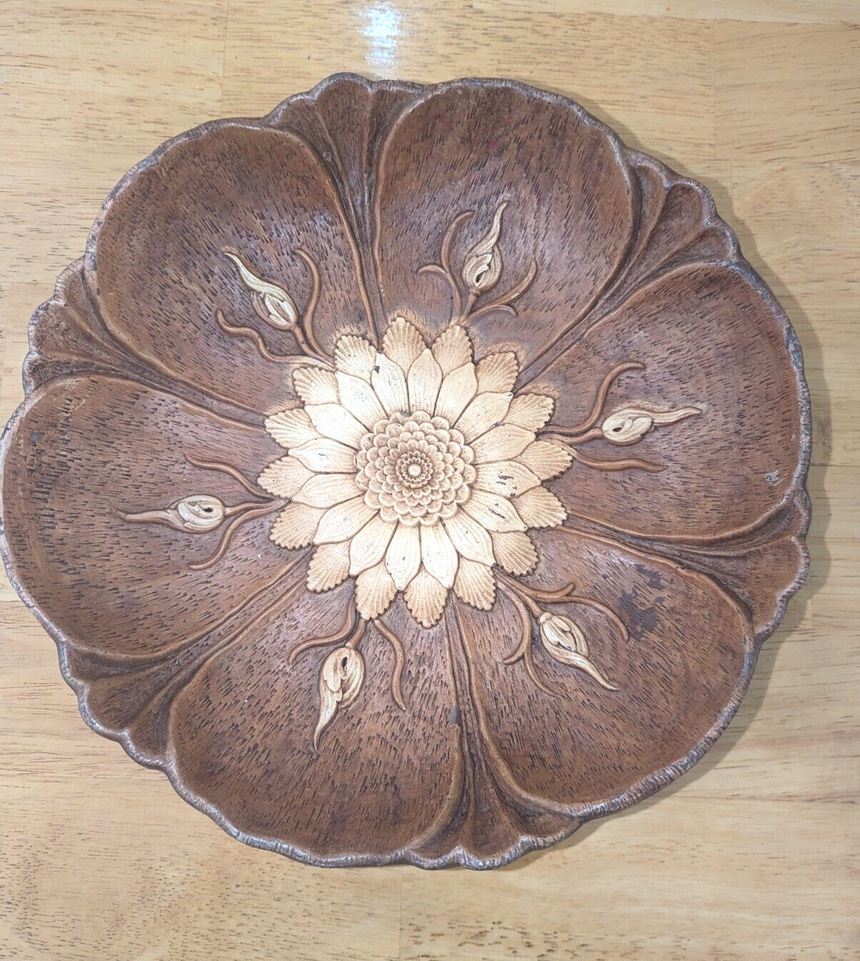 Vintage Multi Prod USA 1946 sun Flower Design Faux Wood Bowl Dish 12 inch boho