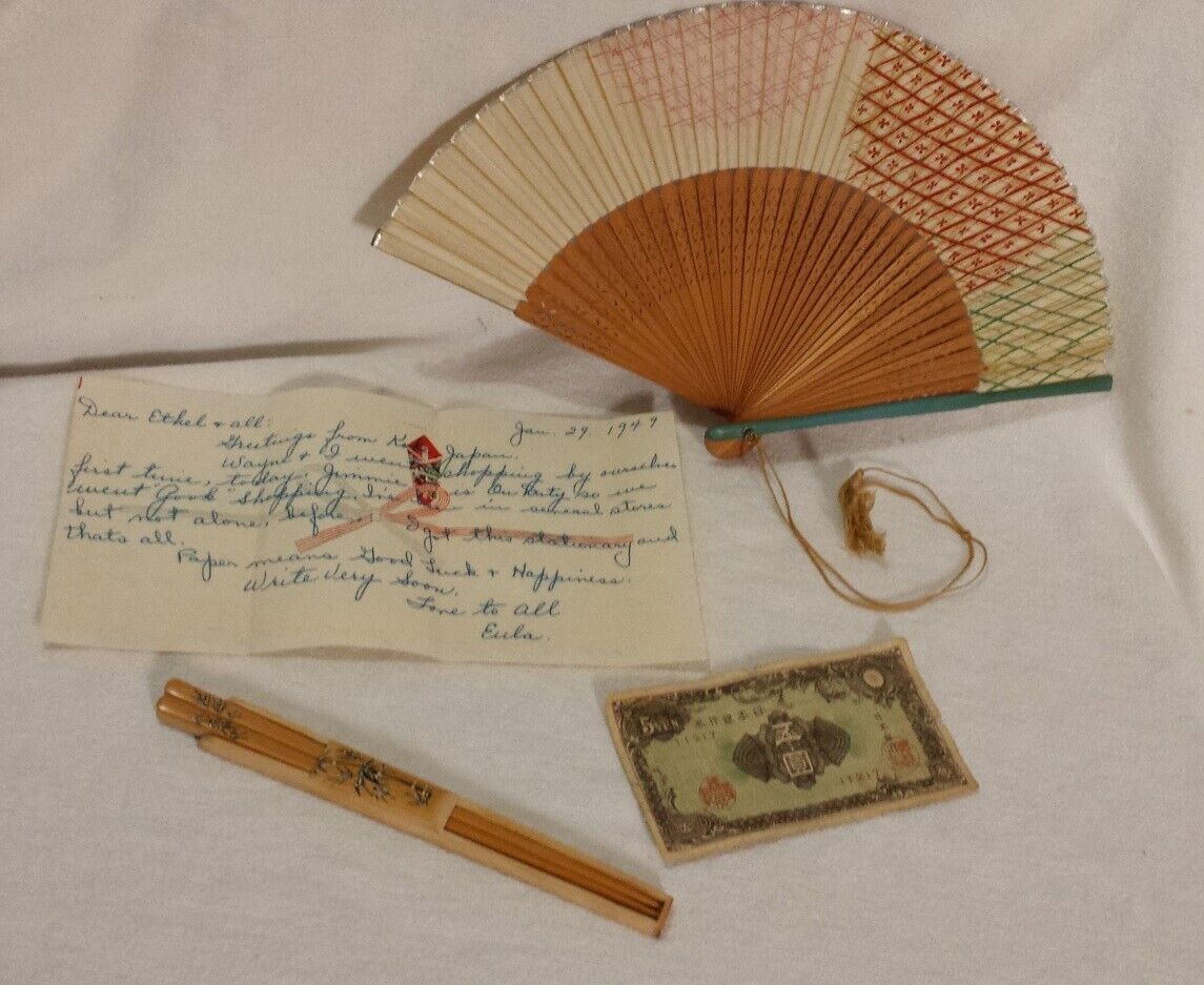 Mixed Asian Lot Fan Chopsticks & Holder 5Yen non-PC Letter 1949 Post-WWII Japan