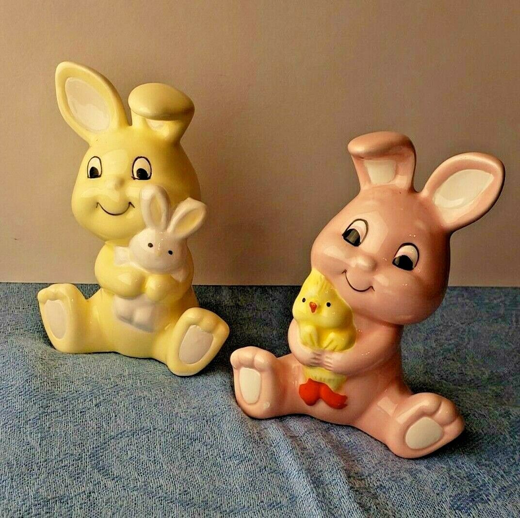 Two Vintage FRANKEL Bunny Rabbit Easter Porcelain Figurines - Pink & Yellow Rare