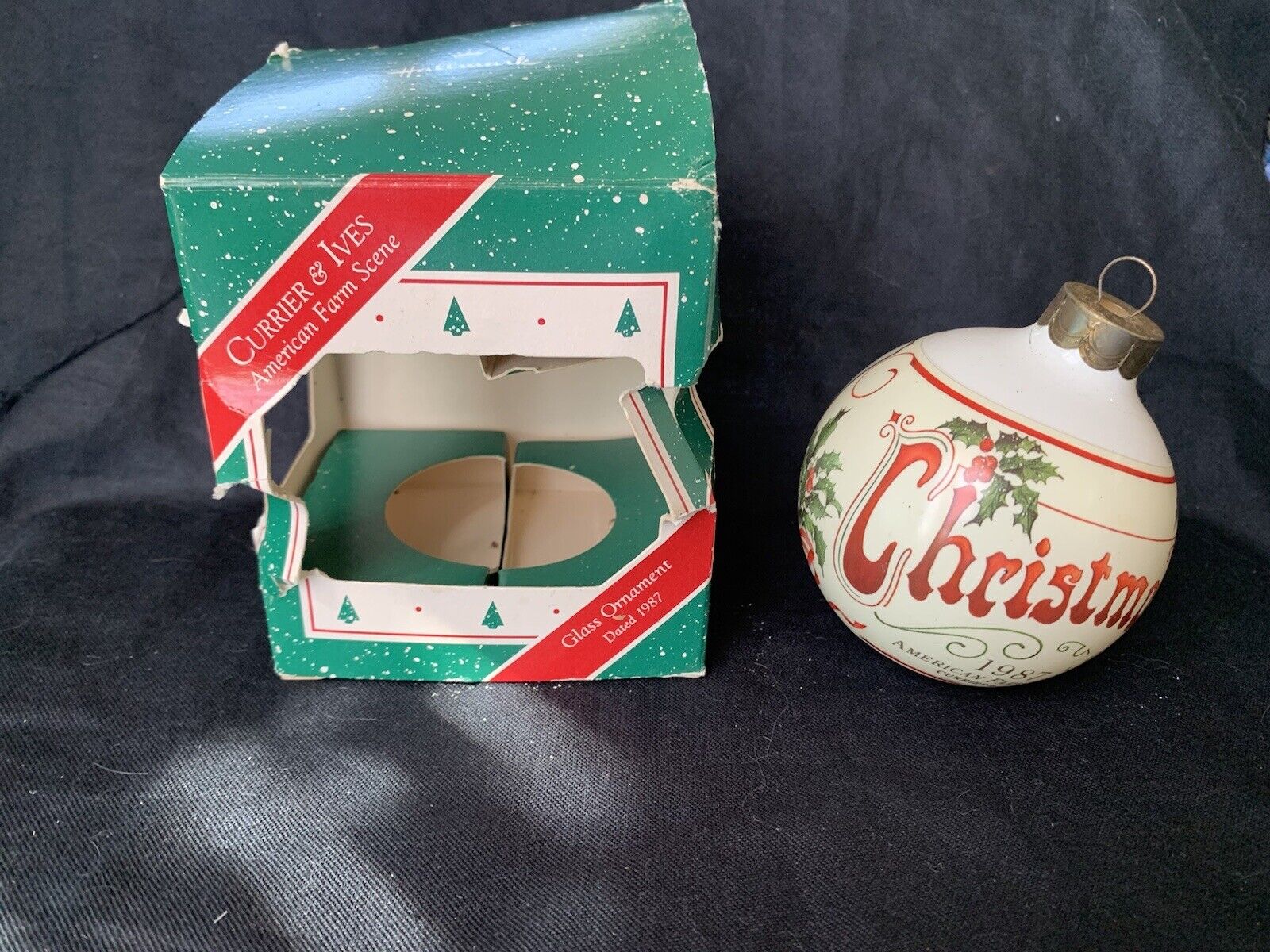 Vtg Hallmark 1987 Currier & Ives American Farm Scene Glass Christmas Ornament