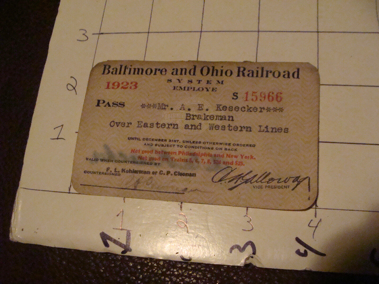 Original RAILROAD PASS: Baltimore & ohio B&O, 1923 for Brakeman