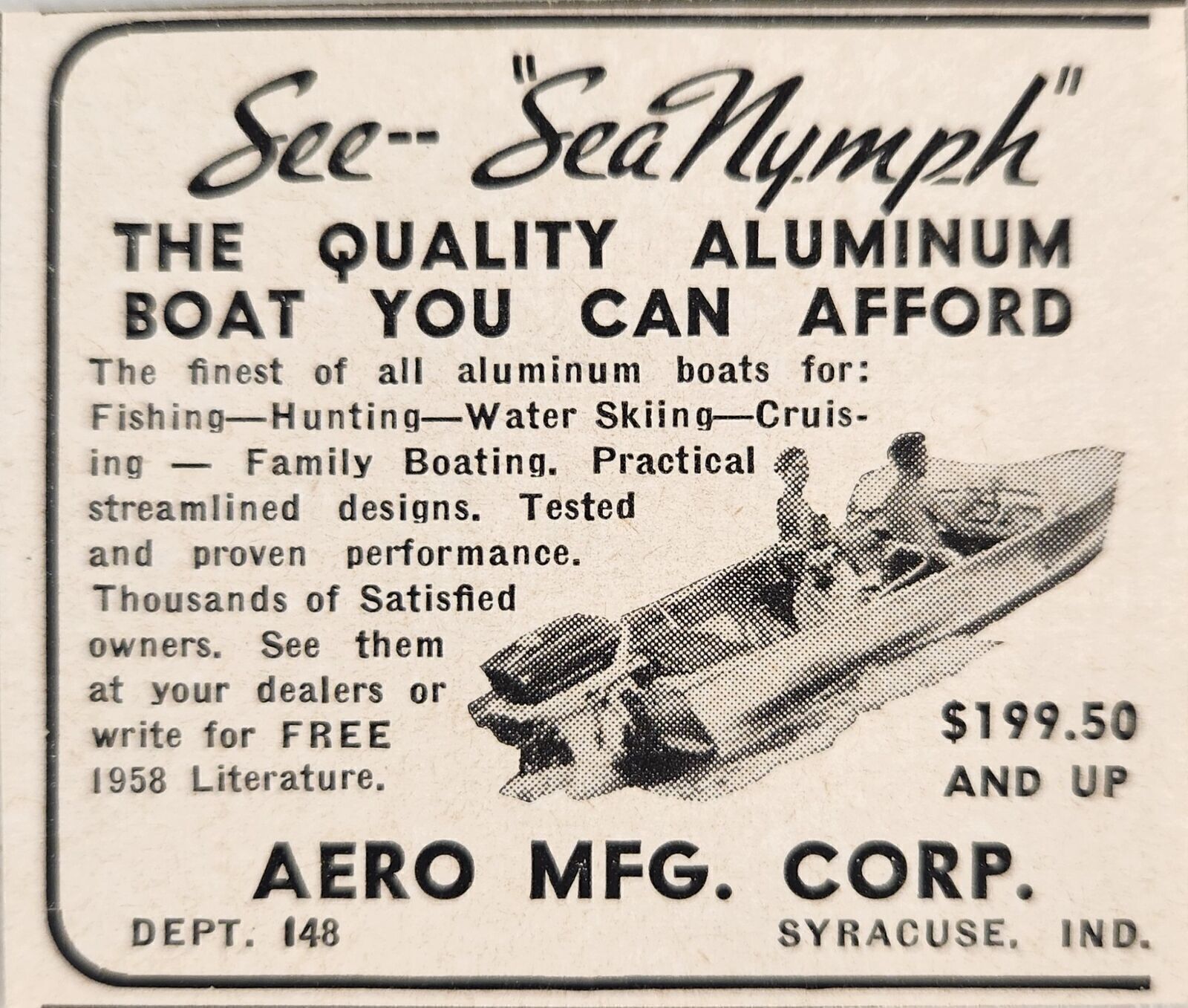 1958 Print Ad Sea Nymph Aluminum Boats Fishing,Skiing Aero Mfg Syracuse,Indiana