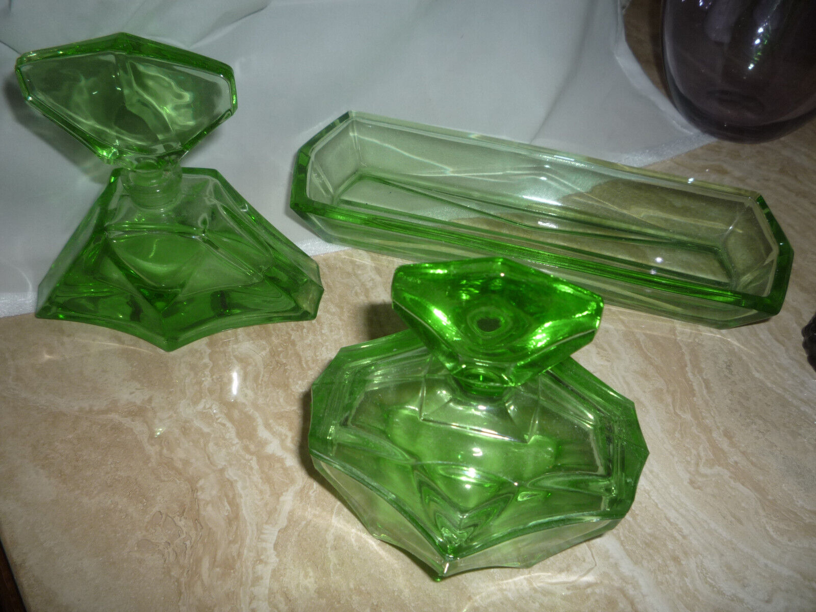 Czechoslovakian Green Glass Vanity 3 Piece Set