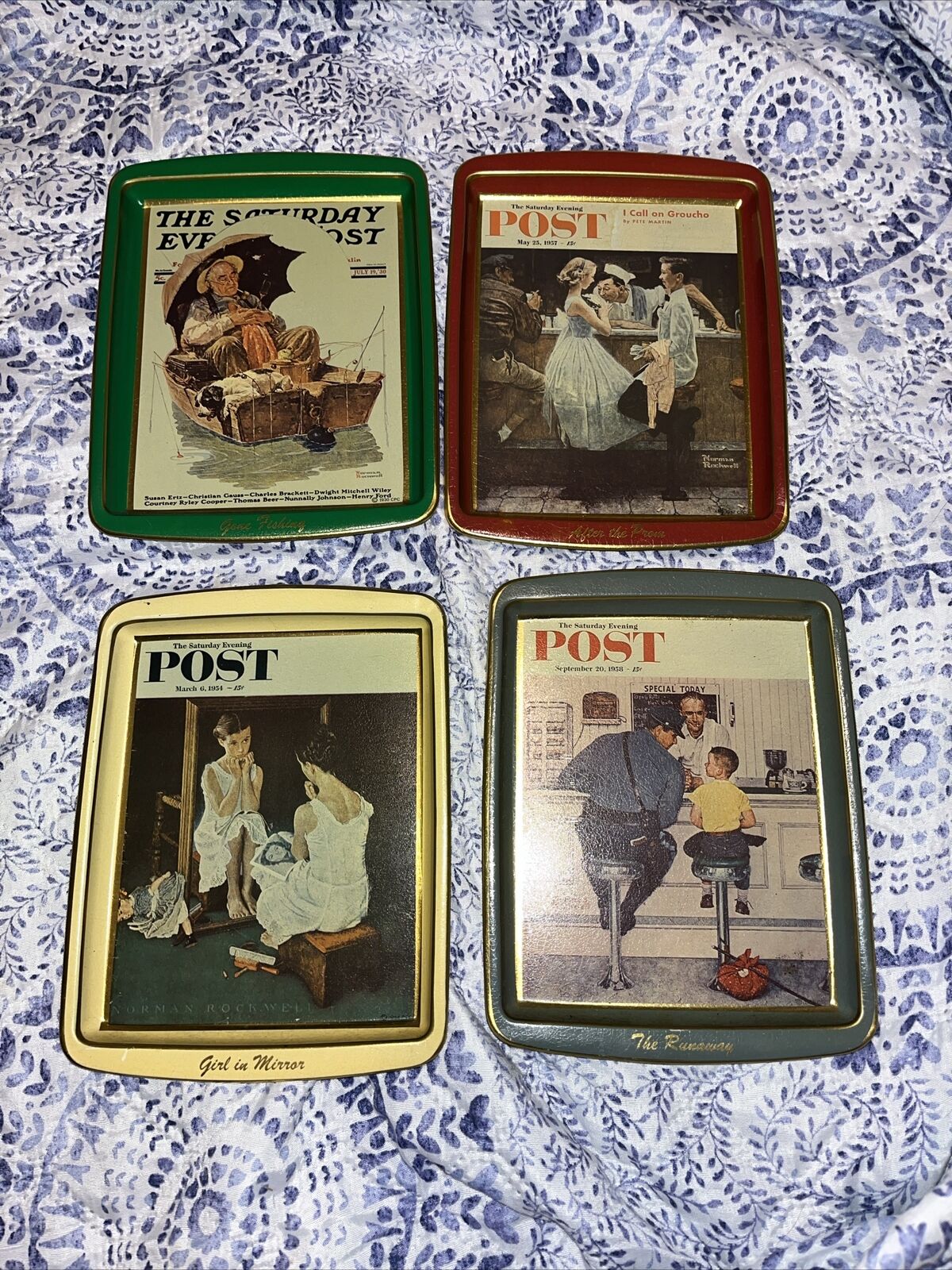 Vintage Saturday Evening Post Tip Trays metal Set Of 4 With Picture