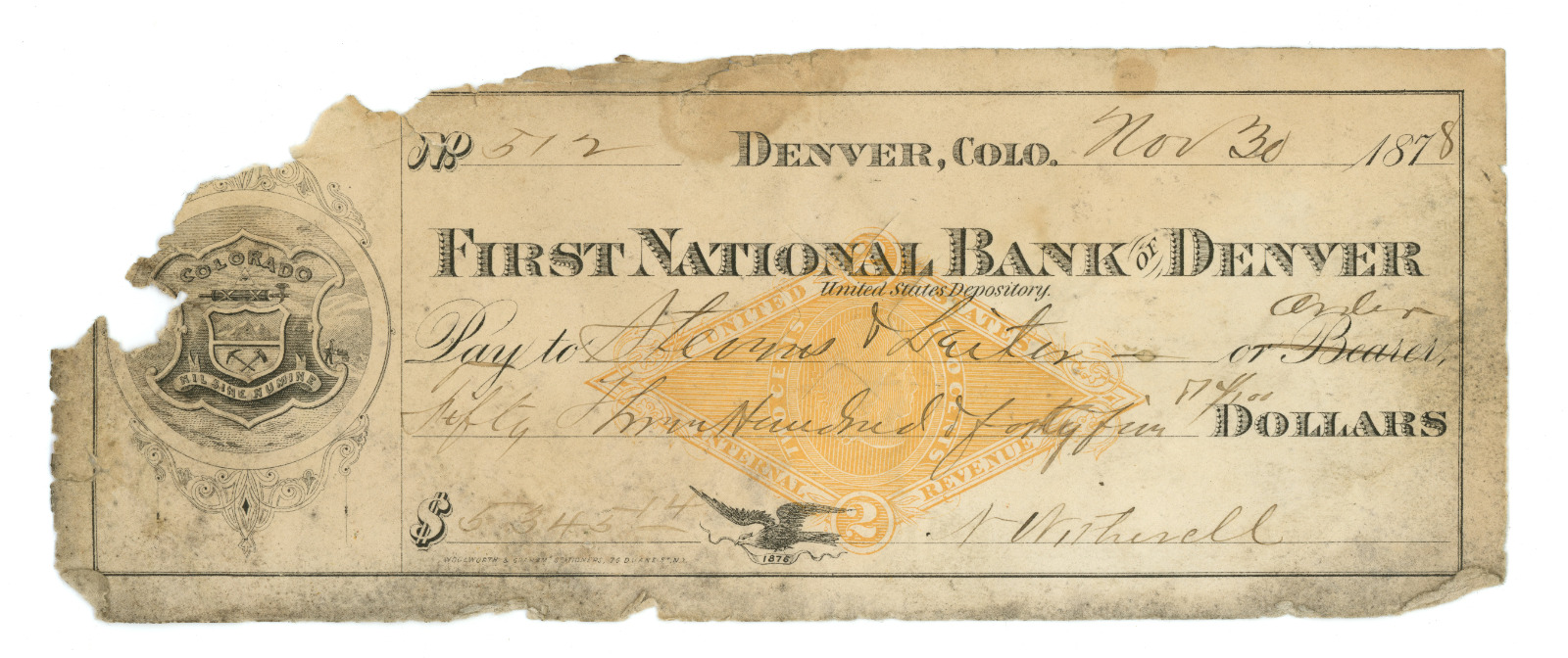 Antique Bank Check DENVER COLORADO First National Bank 1878 Revenue Stamp
