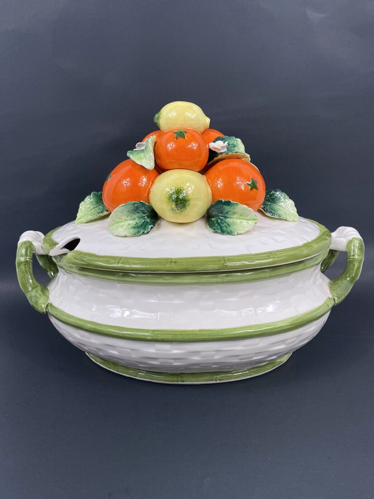 Rare Vintage Lemons and Oranges Majolica Basket Weave Soup Tureen