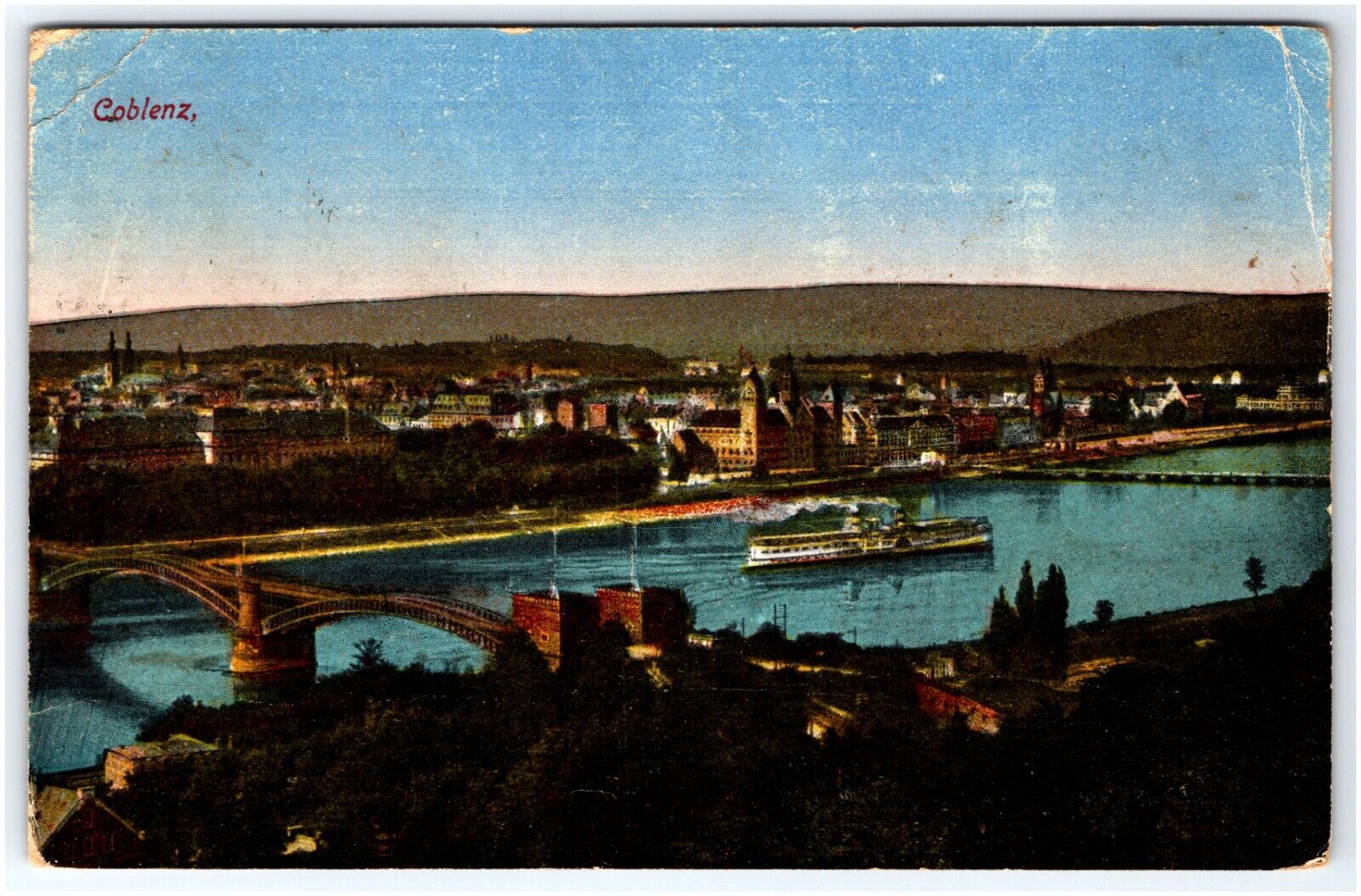 STEAMSHIP ON THE RHINE RIVER IN KOBLENZ GERMANY POSTED 1919 EARLY DB POSTCARD