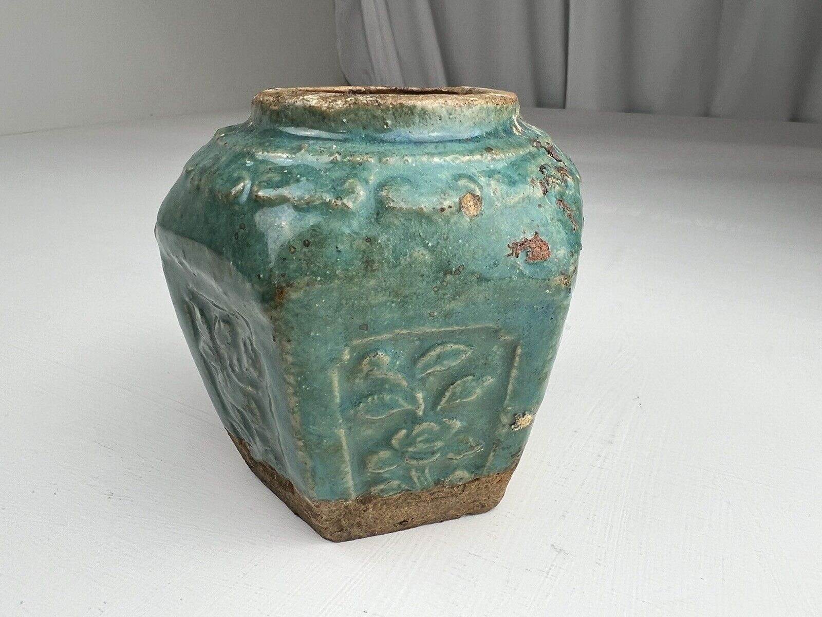 Very Old Rustic Chinese Hexagon Ginger Jar Vase Celadon Glaze Pottery Floral