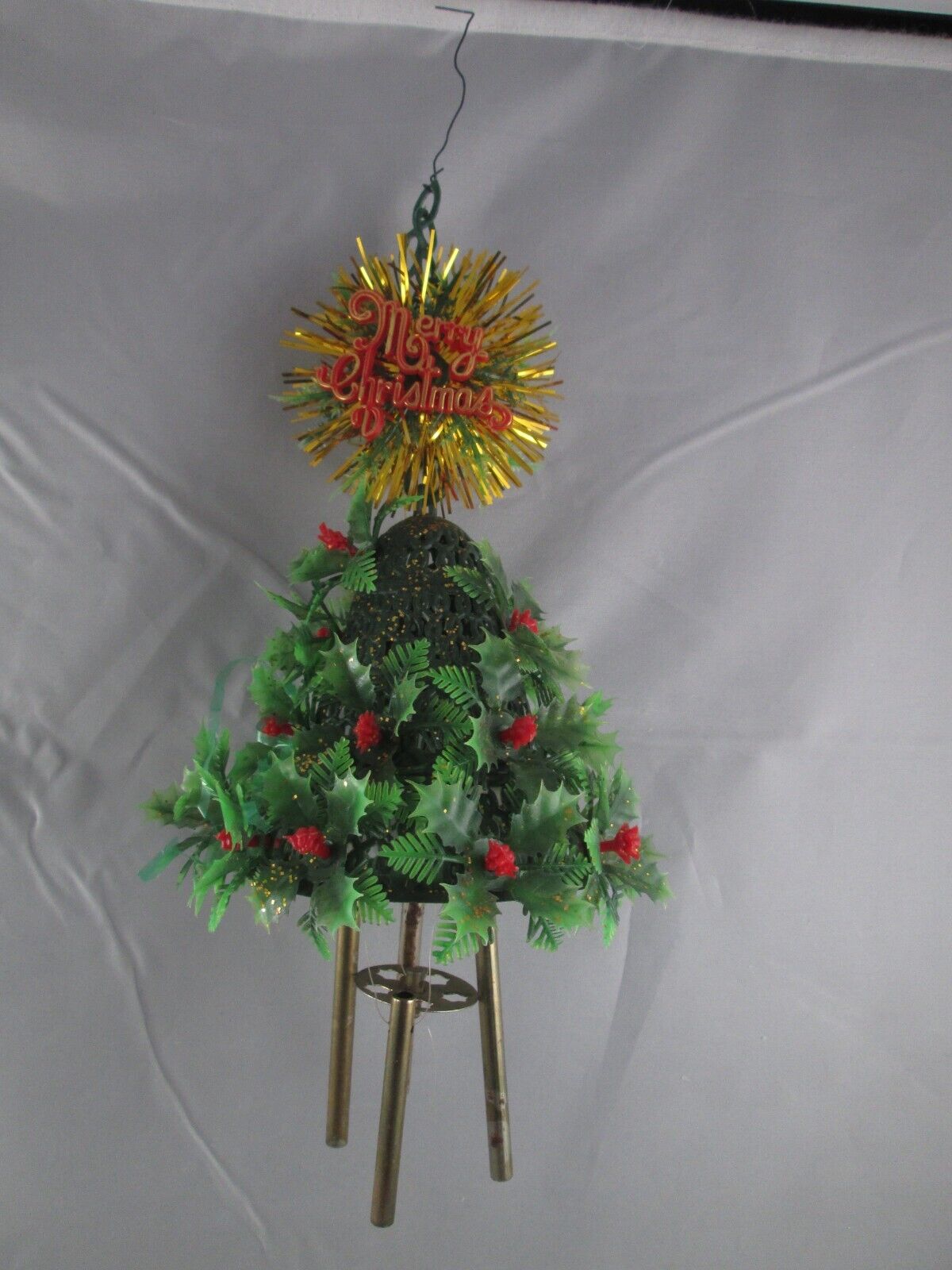Retro Christmas Plastic Wind Chime 3 Tiers Bell Merry Sign Flocked Ball Holly
