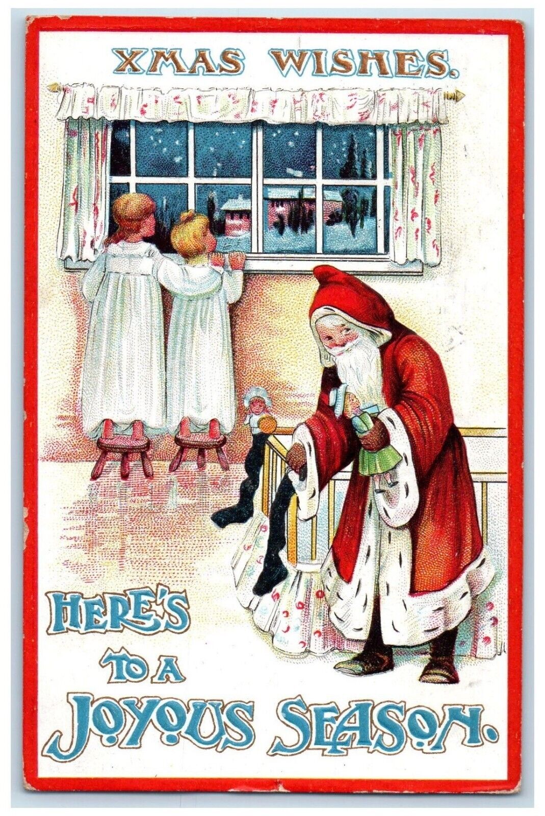 c1910\'s Christmas Santa Claus Putting Toys Stockings Embossed Warsaw IN Postcard