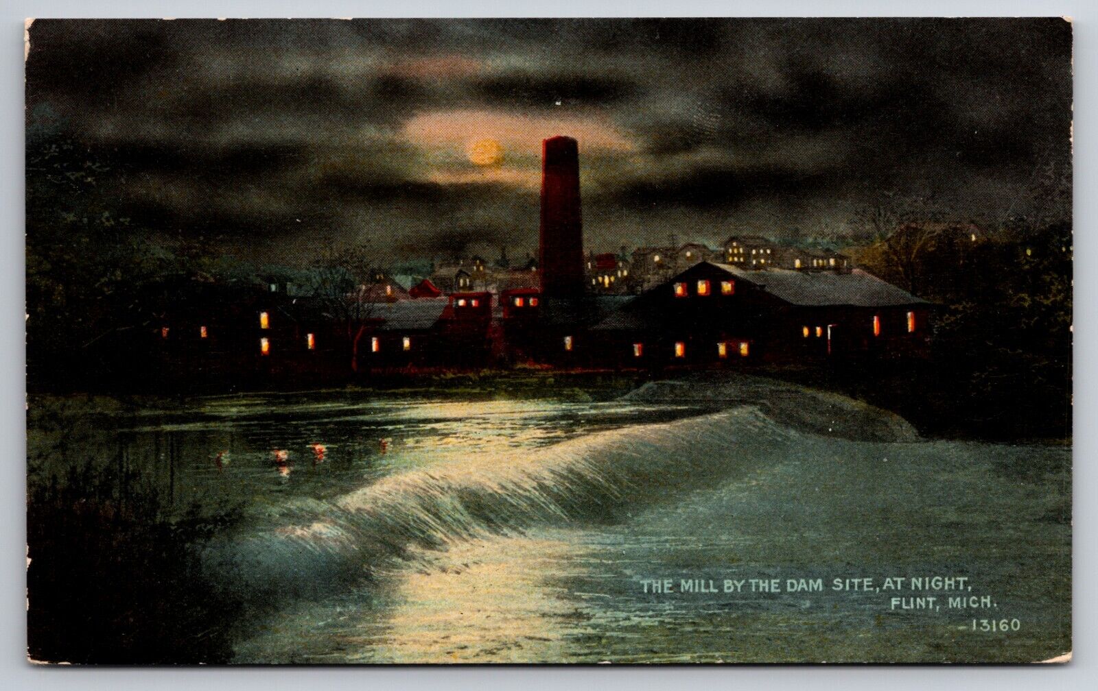 The Mill by the Dam Site at Night Flint Michigan MI c1910 Postcard