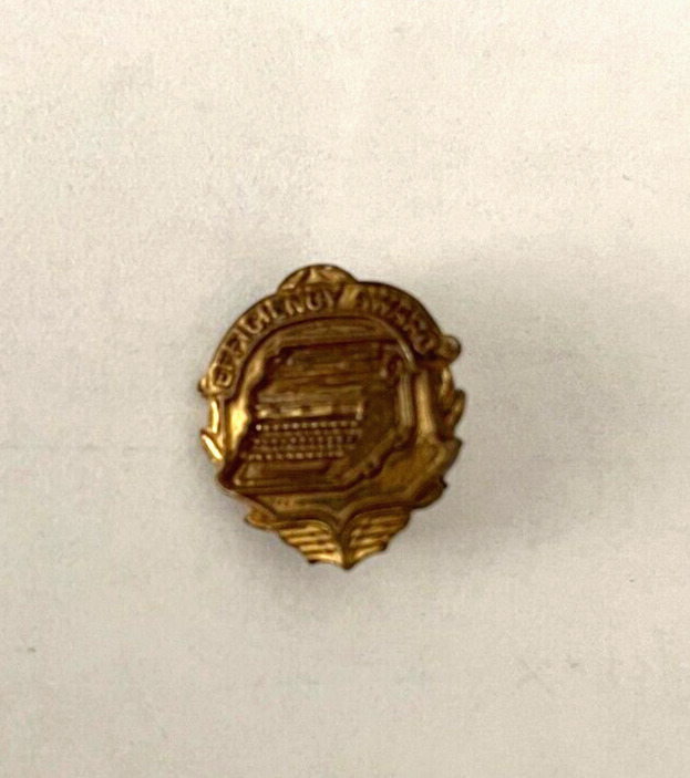 Vintage Efficiency Award Typewriter Typewriting Gold Tone Lapel Pin Badge