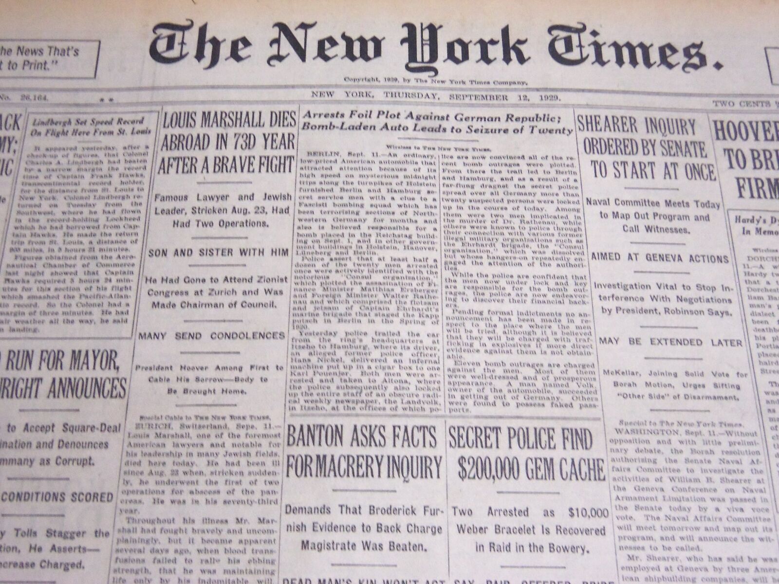 1929 SEPTEMBER 12 NEW YORK TIMES - LOUIS MARSHALL DIES ABROAD AT 73 - NT 6901