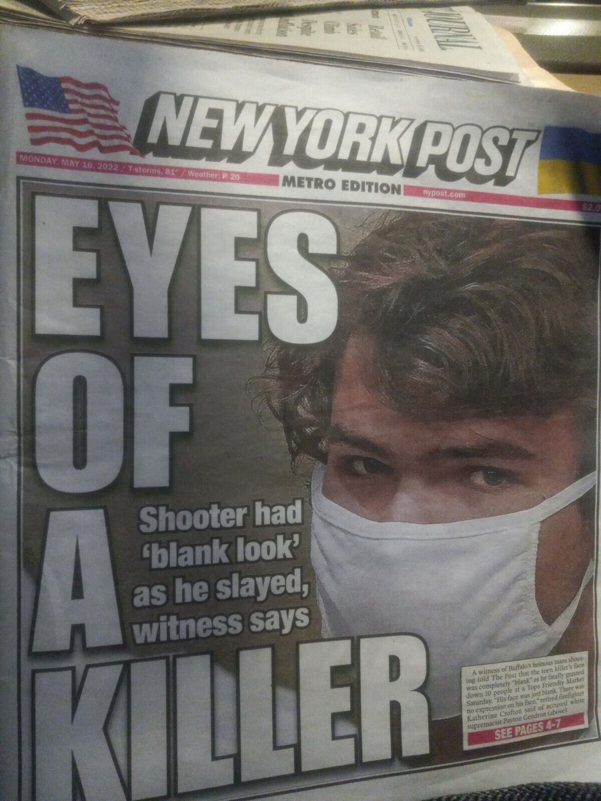 New York Post Monday May 16 2022. Eyes Of A Killer