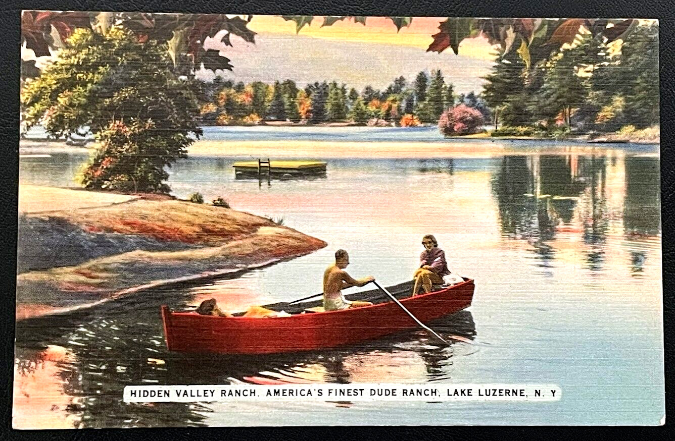 Lake Luzerne New York Hidden Valley Dude Ranch NY Vintage Unused Linen Postcard