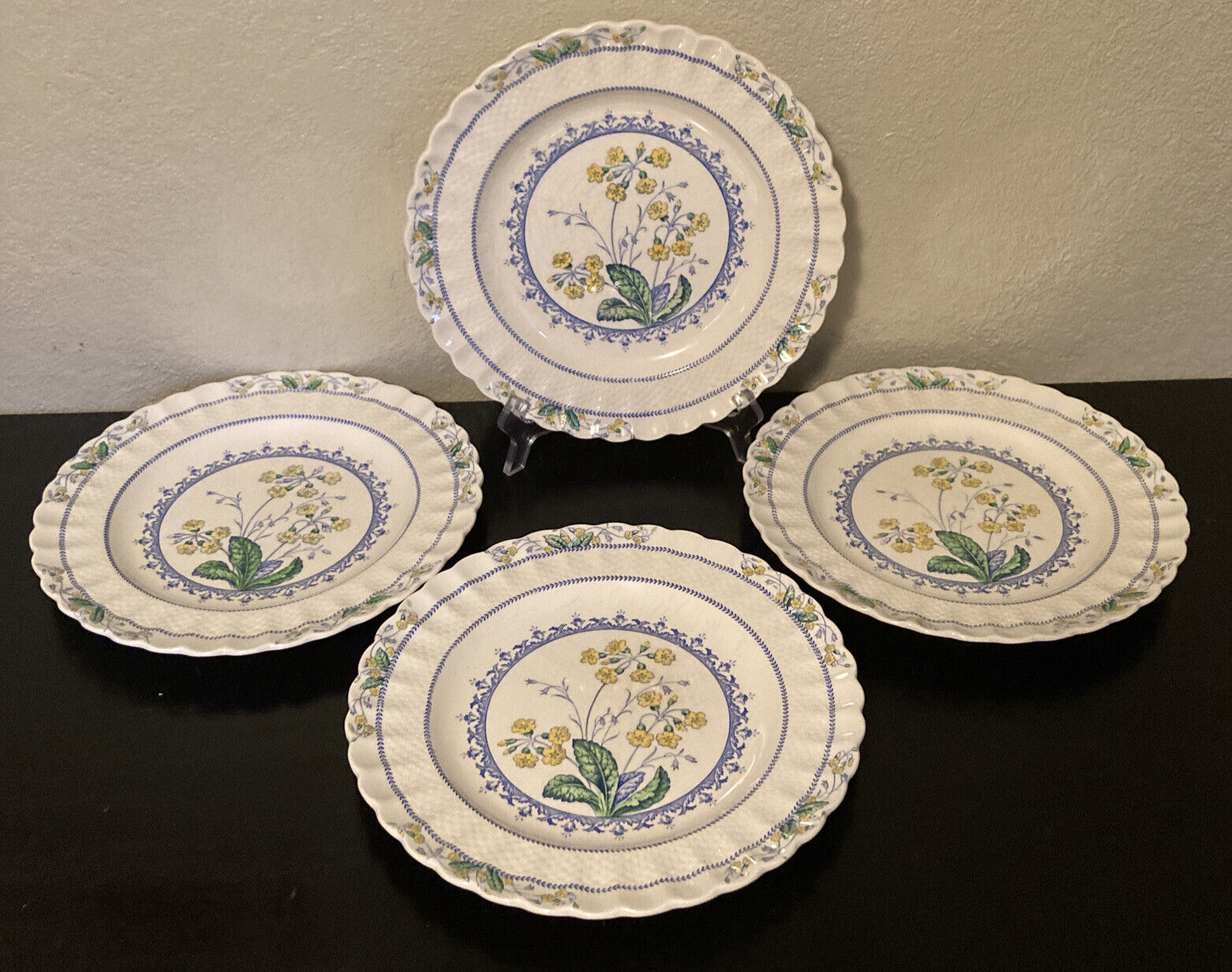 Vintage Copeland Spode Primrose Blue Yellow 10 1/2” Dinner Plates Set Of 4