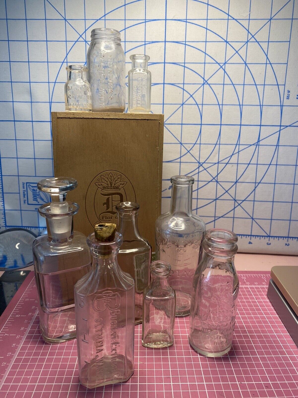 Antique Clear Glass Bottles Lot 1 With Wooden Cigar Box