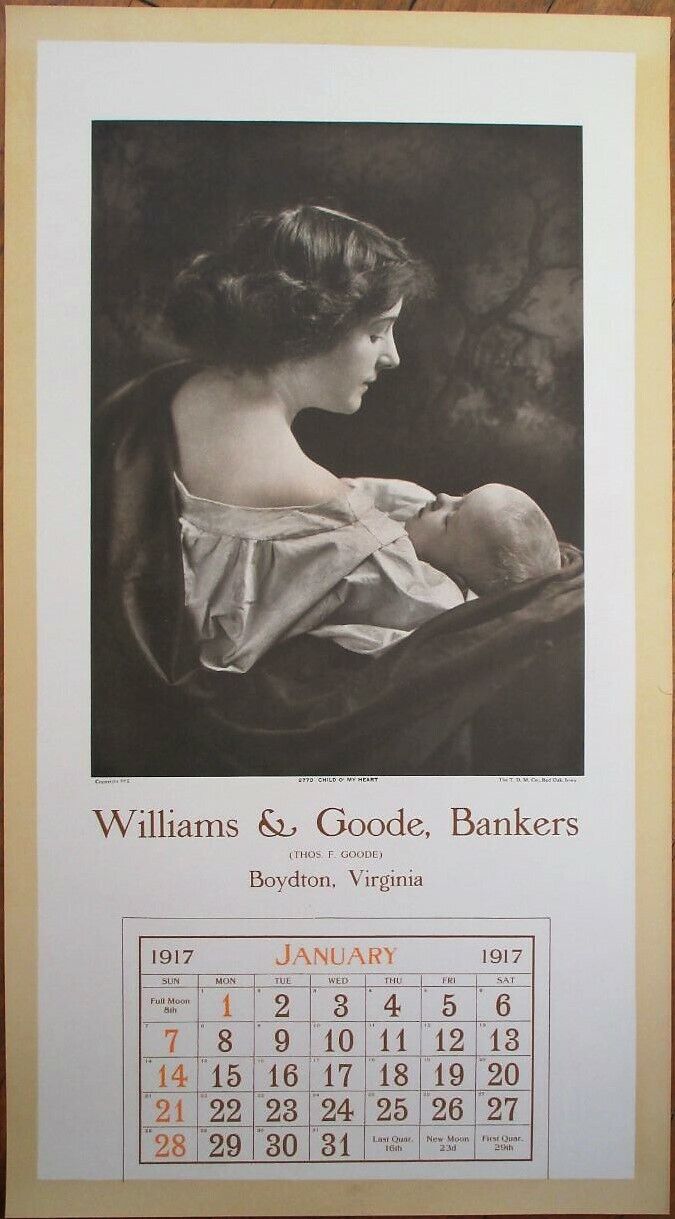 Boydton, VA 1917 Advertising Calendar/12x22 Poster: Bankers - Virginia - Mother