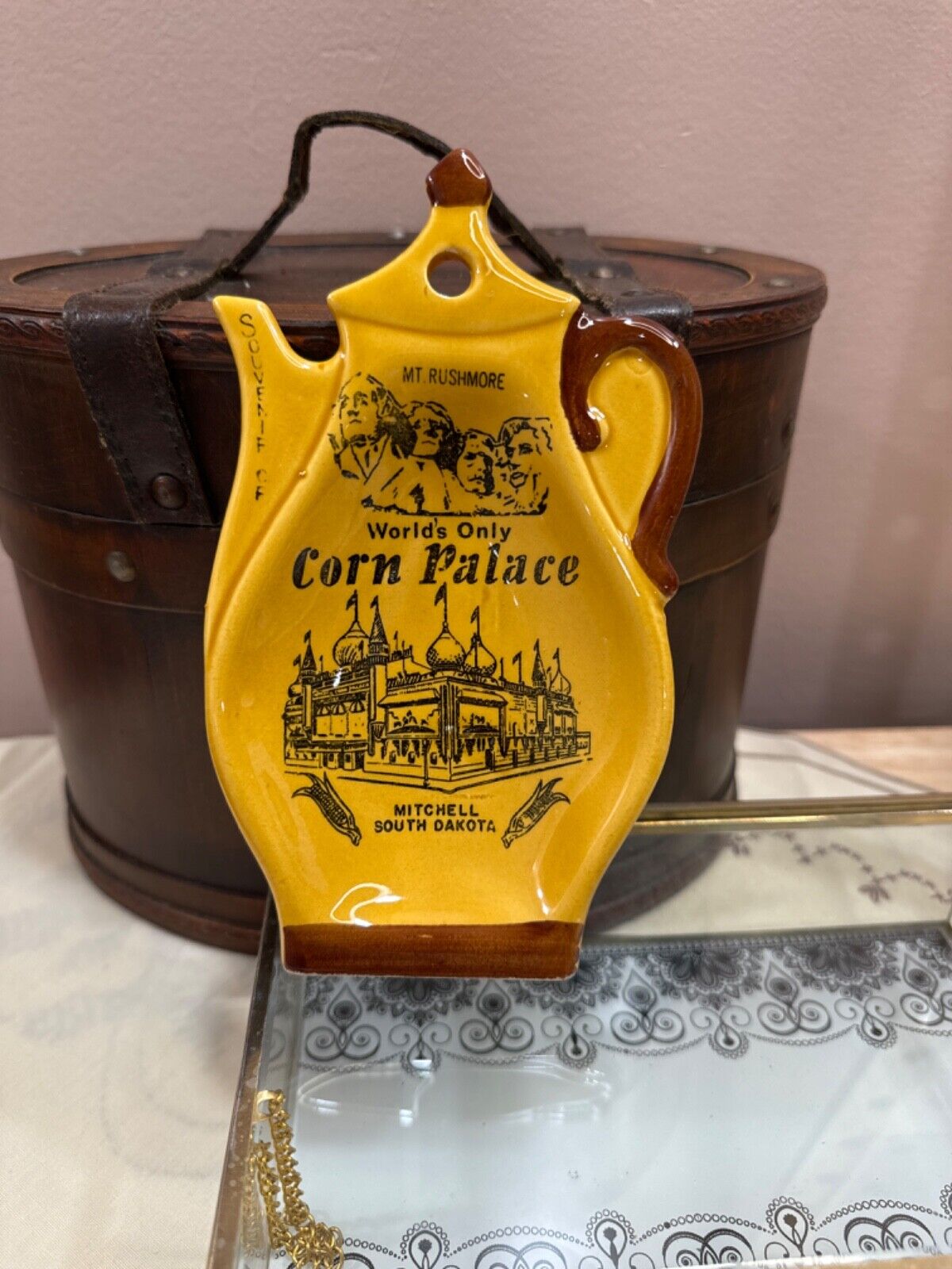 World\'s Only Corn Palace Ceramic Spoon Rest in Mustard Yellow and Brown Painted 