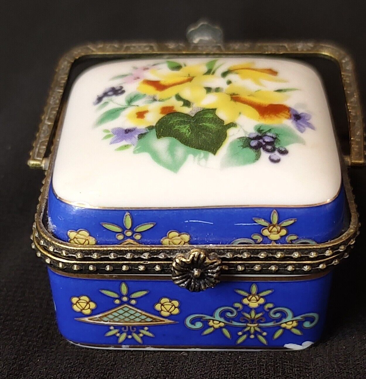 Vintage Porcelain Cobalt Blue Yellow Trinket Box Hinged Gold Trim and Handle SEE