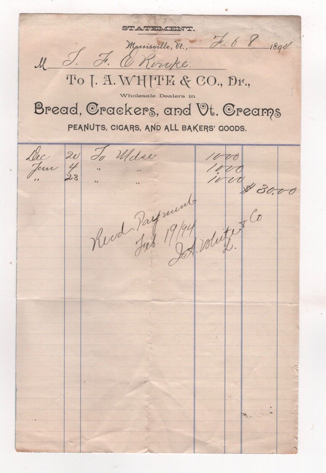 1894 WHITE CO BILLHEAD BREAD CRACKERS VT CREAMS PEANUTS CIGARS MORRISVILLE VT