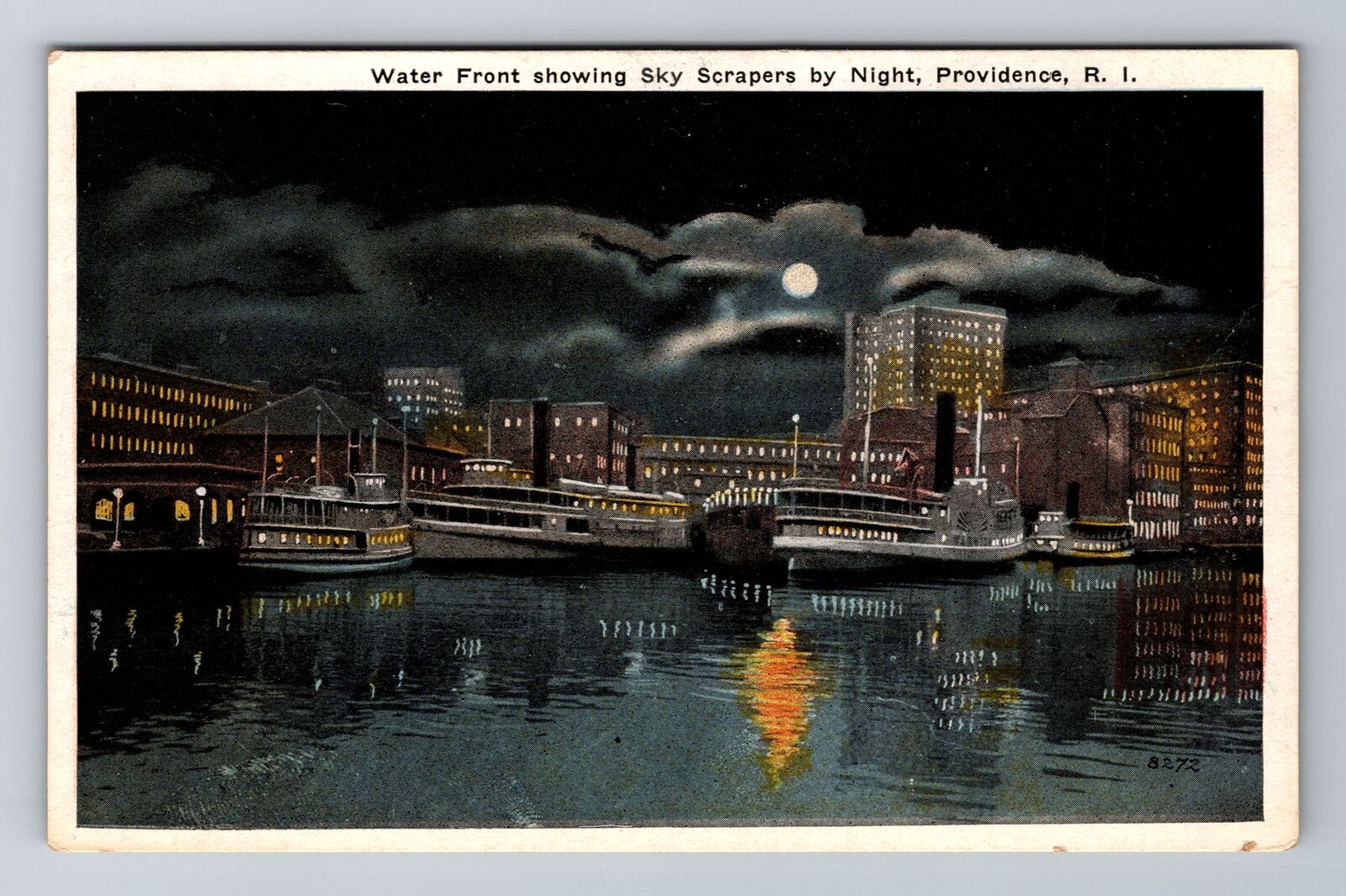 Providence RI-Rhode Island Waterfront By Night Steamers  Vintage Postcard