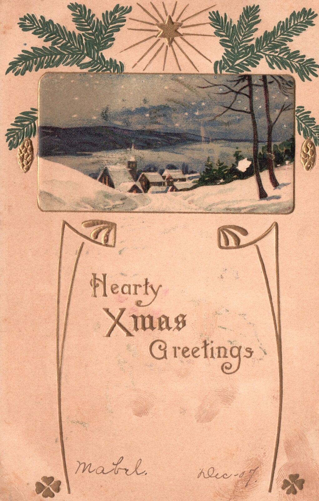Vintage Postcard 1907 Hearty Christmas Greetings Landscape Snow Holiday Wishes