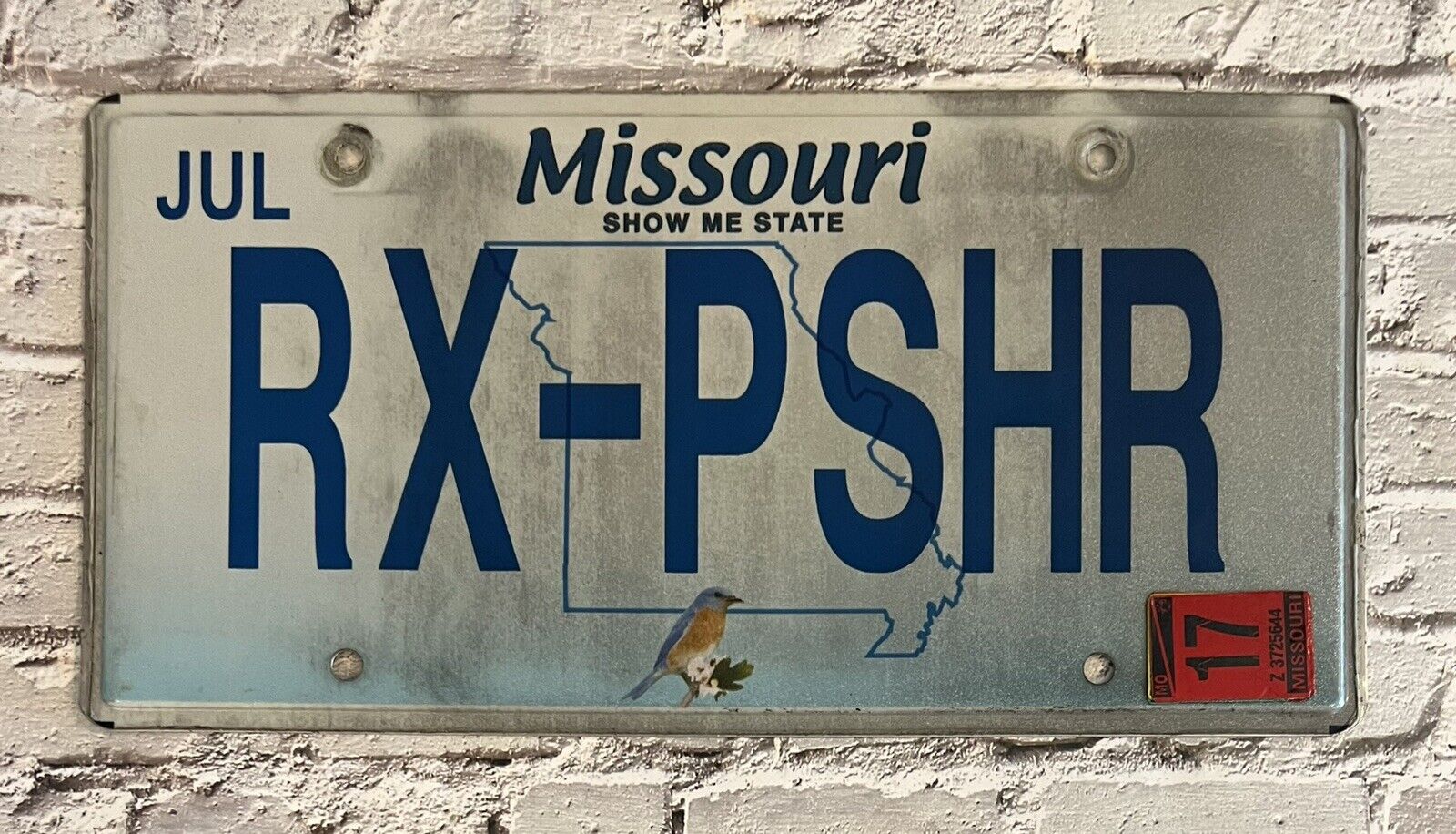 2017 Missouri Vanity Automobile License Plate RX-PSHR \