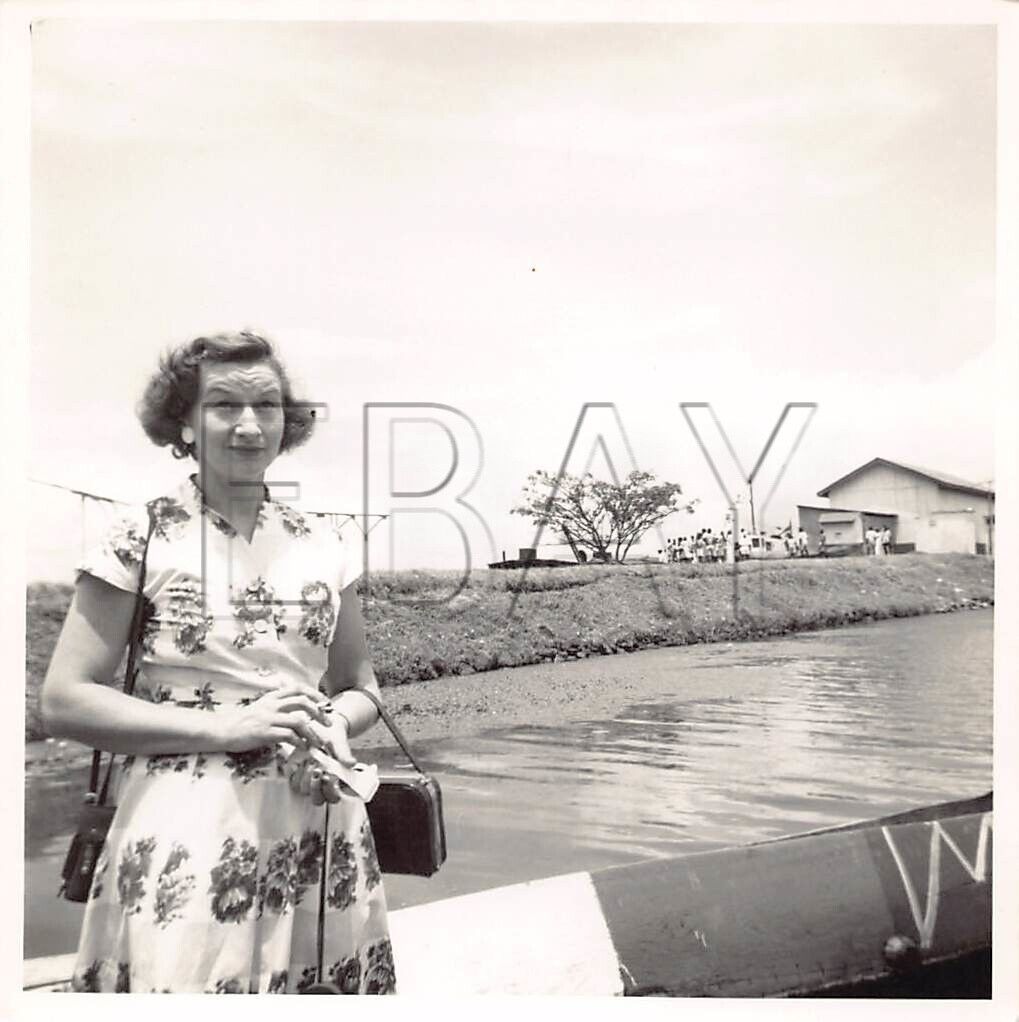 Old Photo Snapshot Woman In Floral Dress Near River Portrait #5 Z1