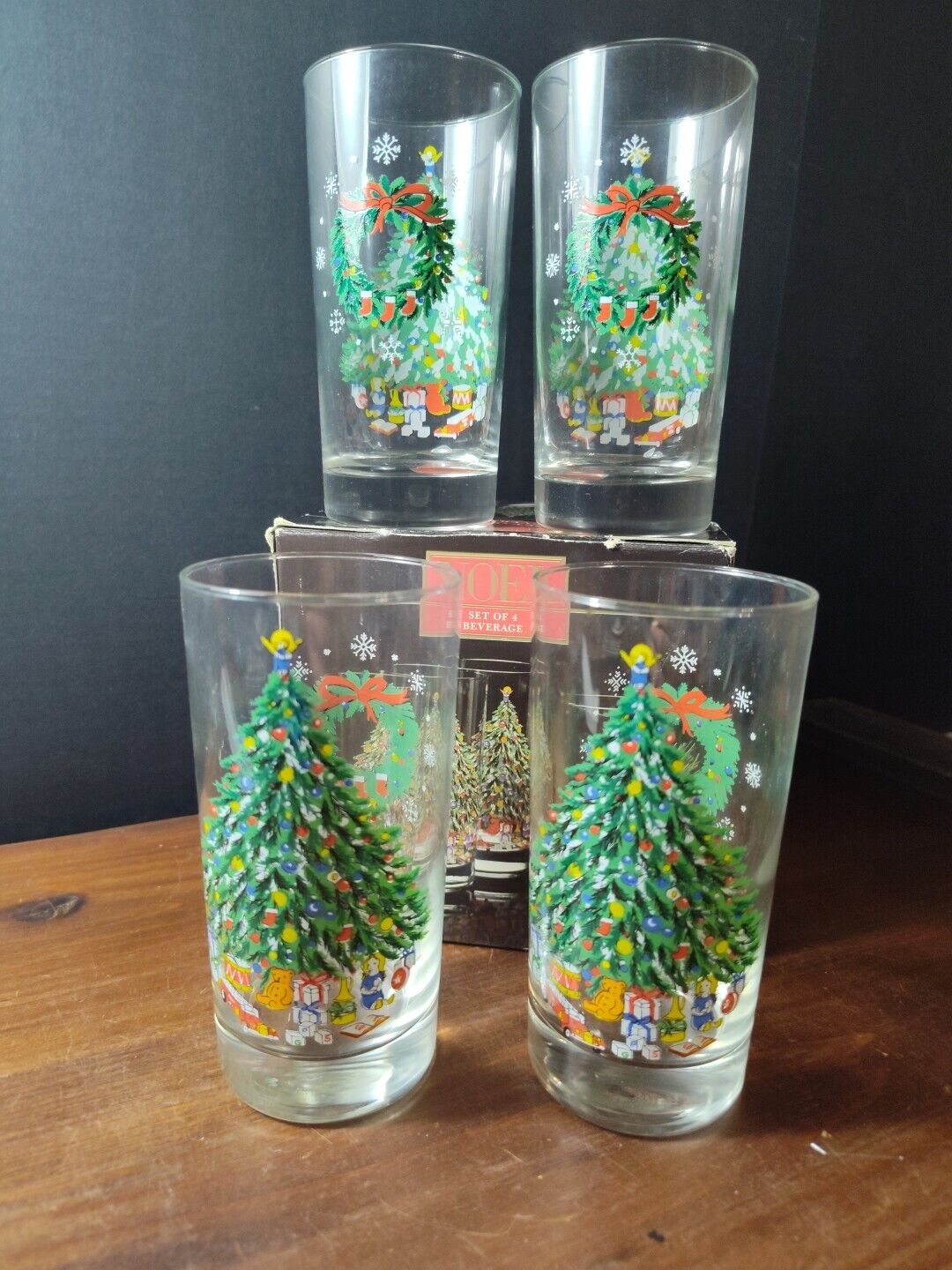 Set of  4 Salem China, Noel Christmas Tree & Wreath Beverage Glasses w/ Box