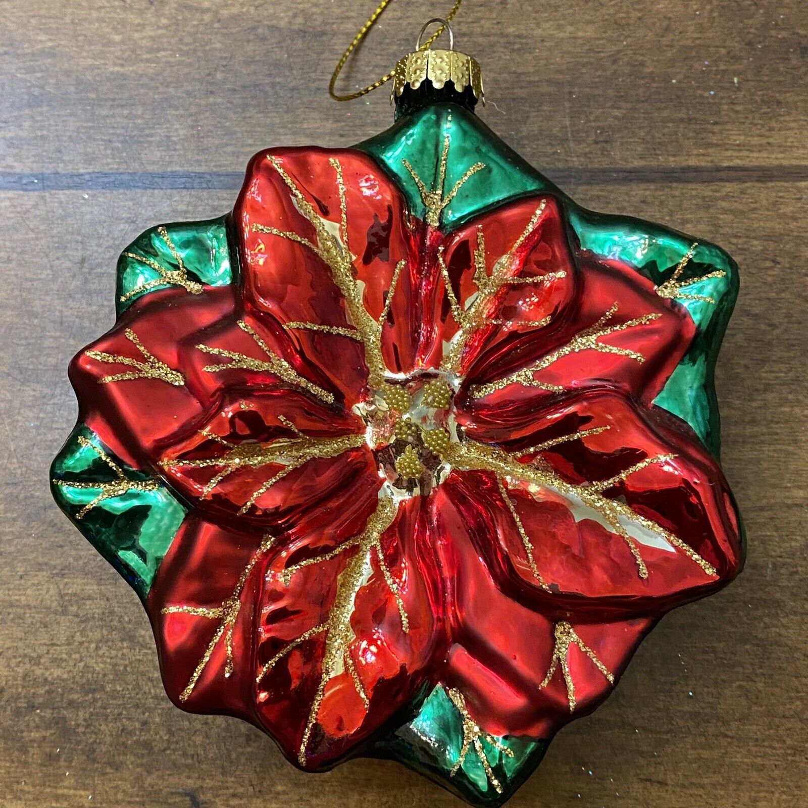 Robert Stanley Poinsettia Blown Glass Christmas Ornament Red Glitter 4”