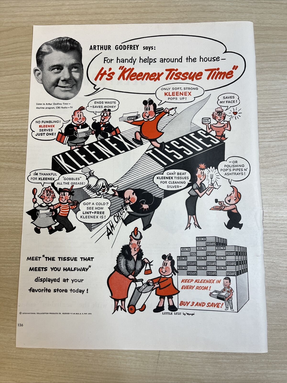 Kleenex Tissue Arthur Godrey Cartoon Vintage 1953 Print Ad Life Magazine