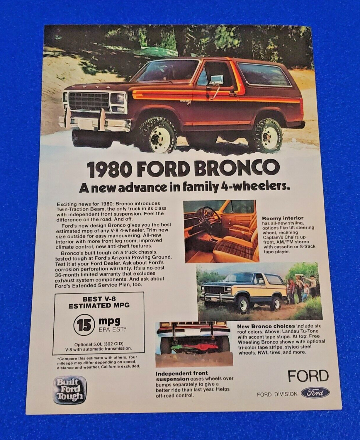 1980 FORD BRONCO 4X4 V8 302 ORIGINAL COLOR PRINT AD CLASSIC FORD TRUCK 