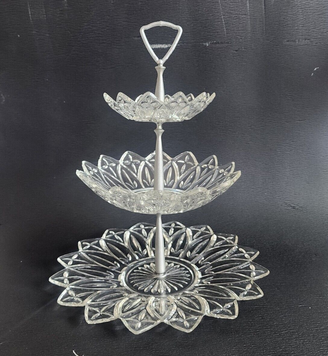Vintage Mid-Century Federal Glass 3-Tier Serving Tidbit Tray Petal Pattern 14\