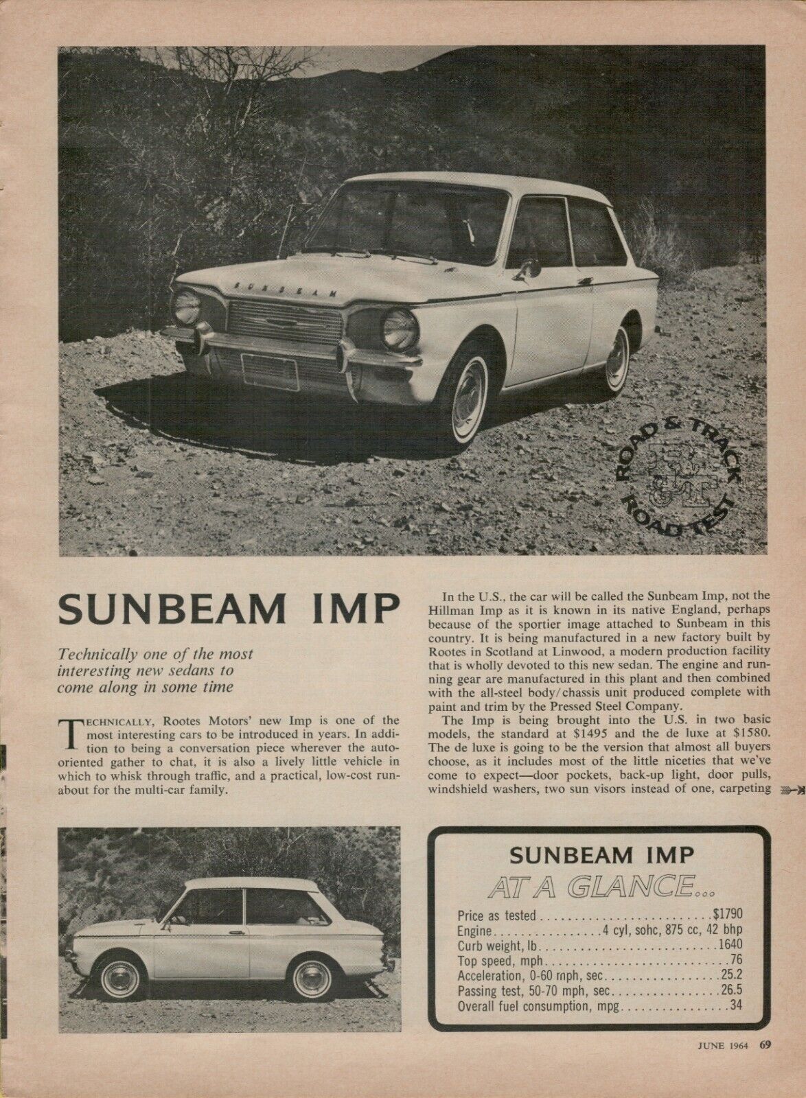 1965 Sunbeam IMP 4 Page Road Test Automobile Photo Vintage Print Ad