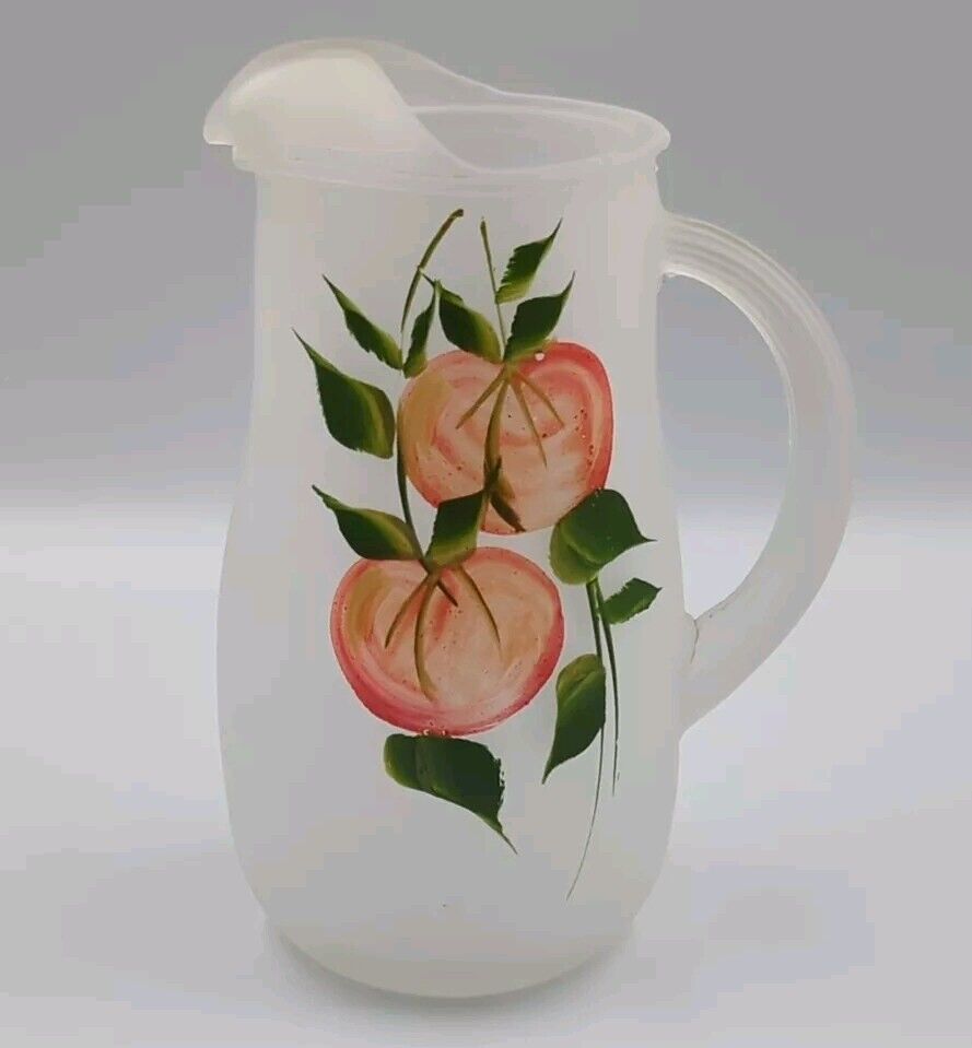 Vintage Frosted Glass Hand Painted Peaches Pitcher