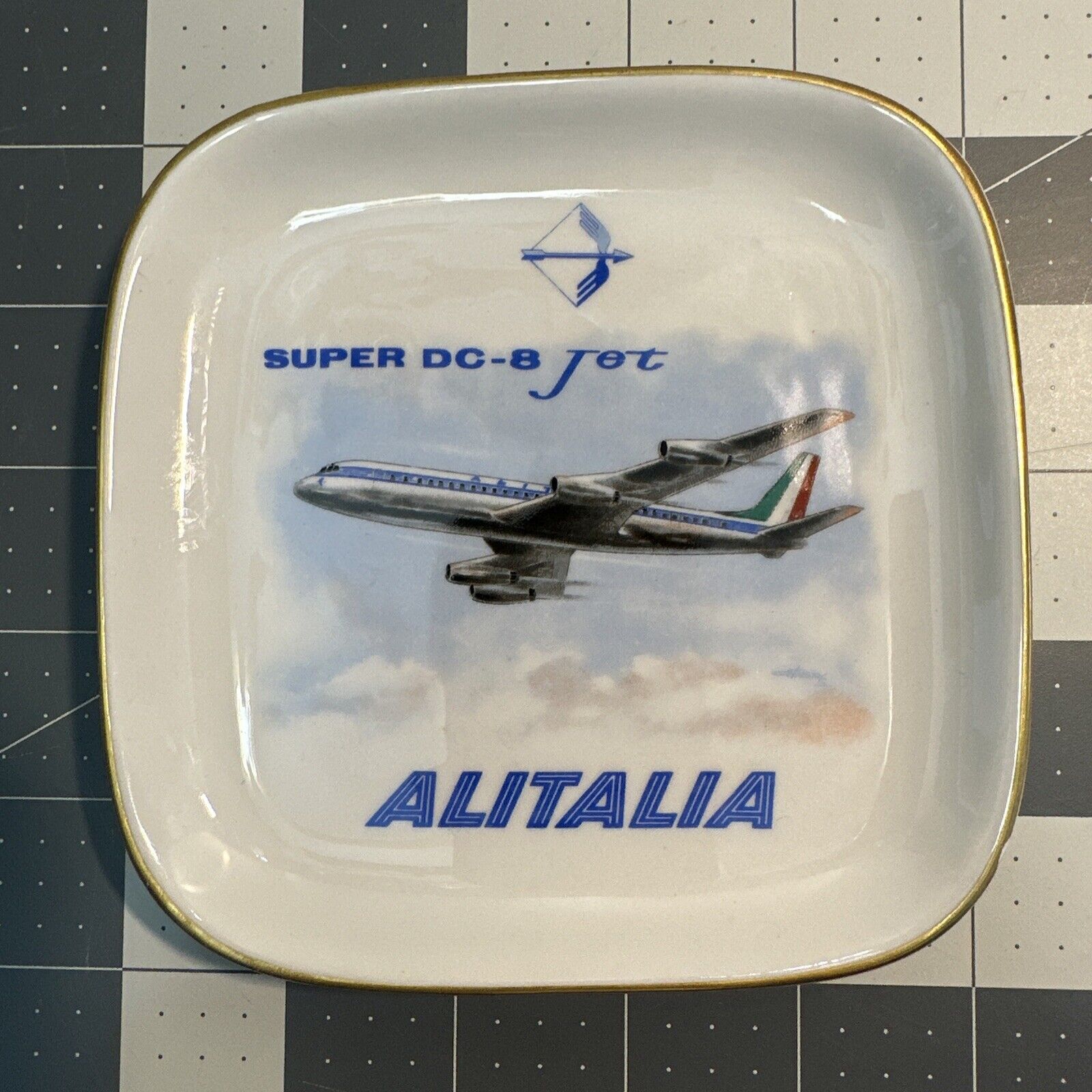 Vintage Alitalia Airlines Super DC-8 Jetliner Square Dish 5 Inches cross 60s