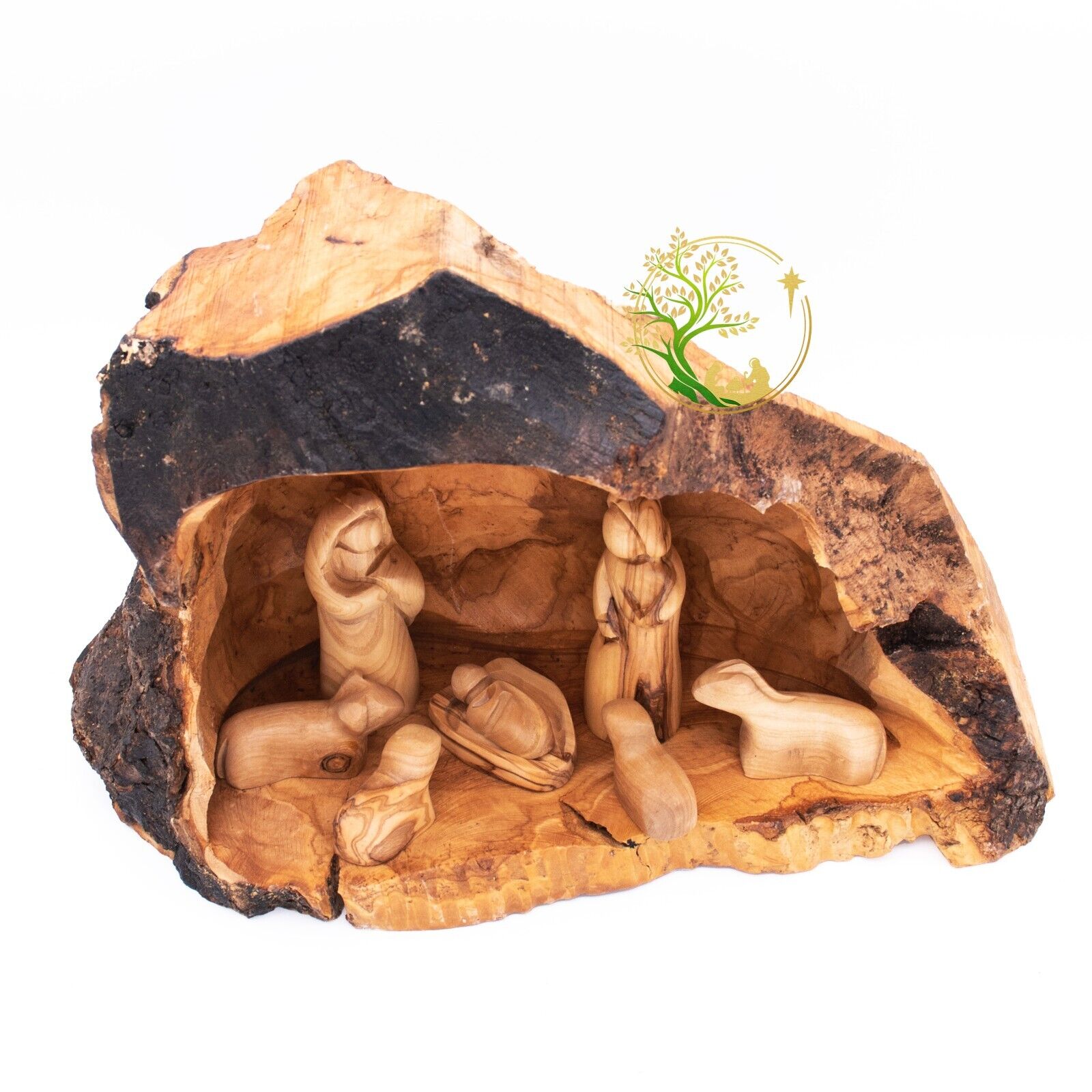 Nativity scene set carved inside an olive tree branch - Holy Land Nativity set -