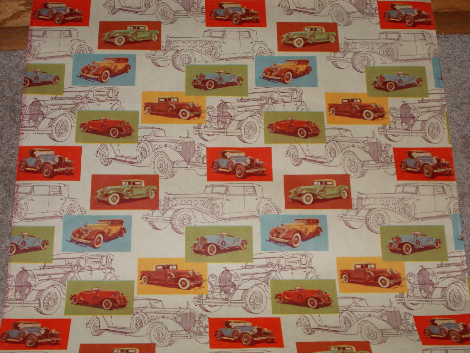 VTG ANTIQUE OLD CAR AUTOMOBILE WRAPPING PAPER GIFT WRAP FROM HUGE STORE ROLL