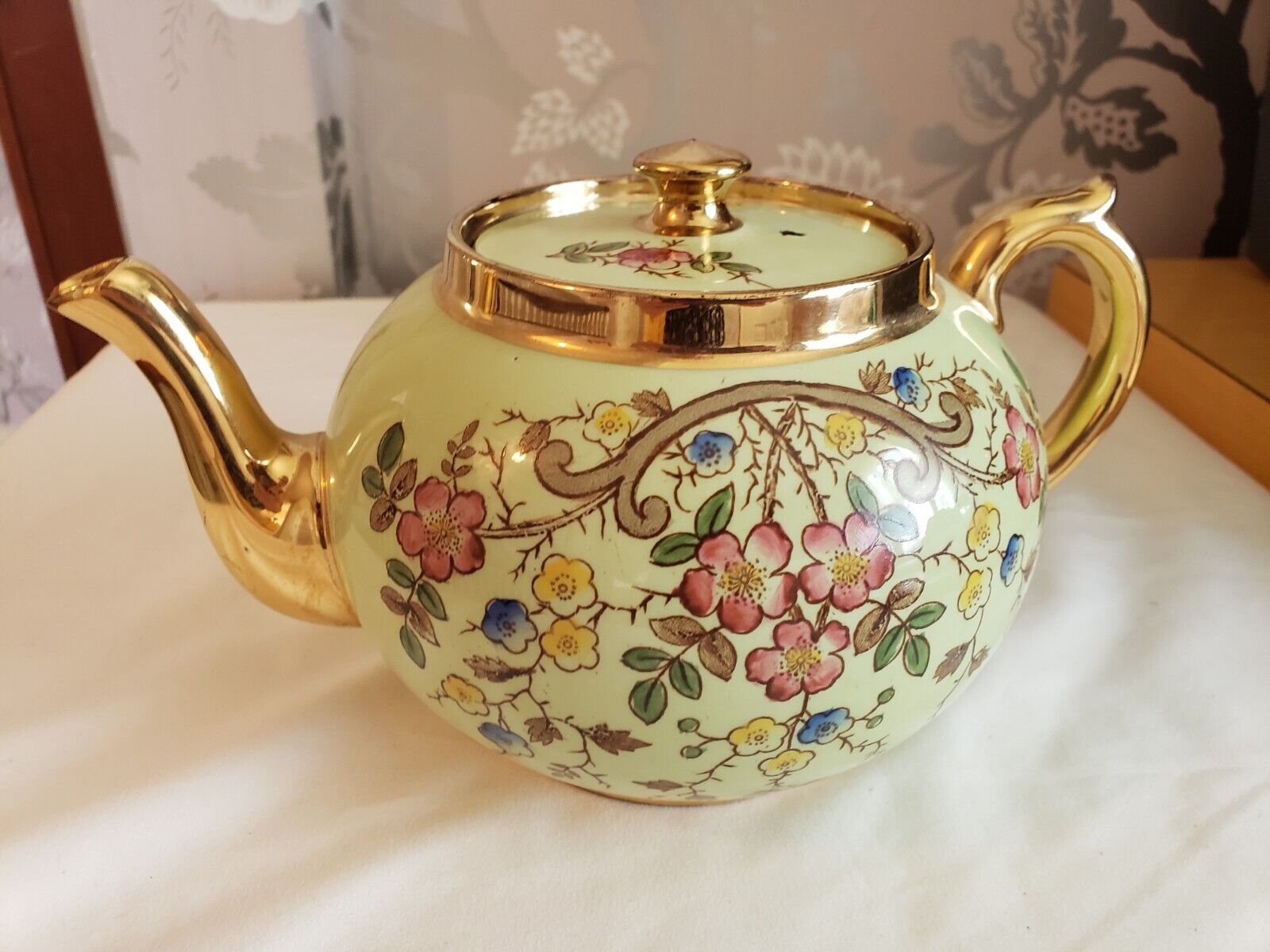Vintage Gibson Staffordshire Teapot Gold Green Floral Made in England