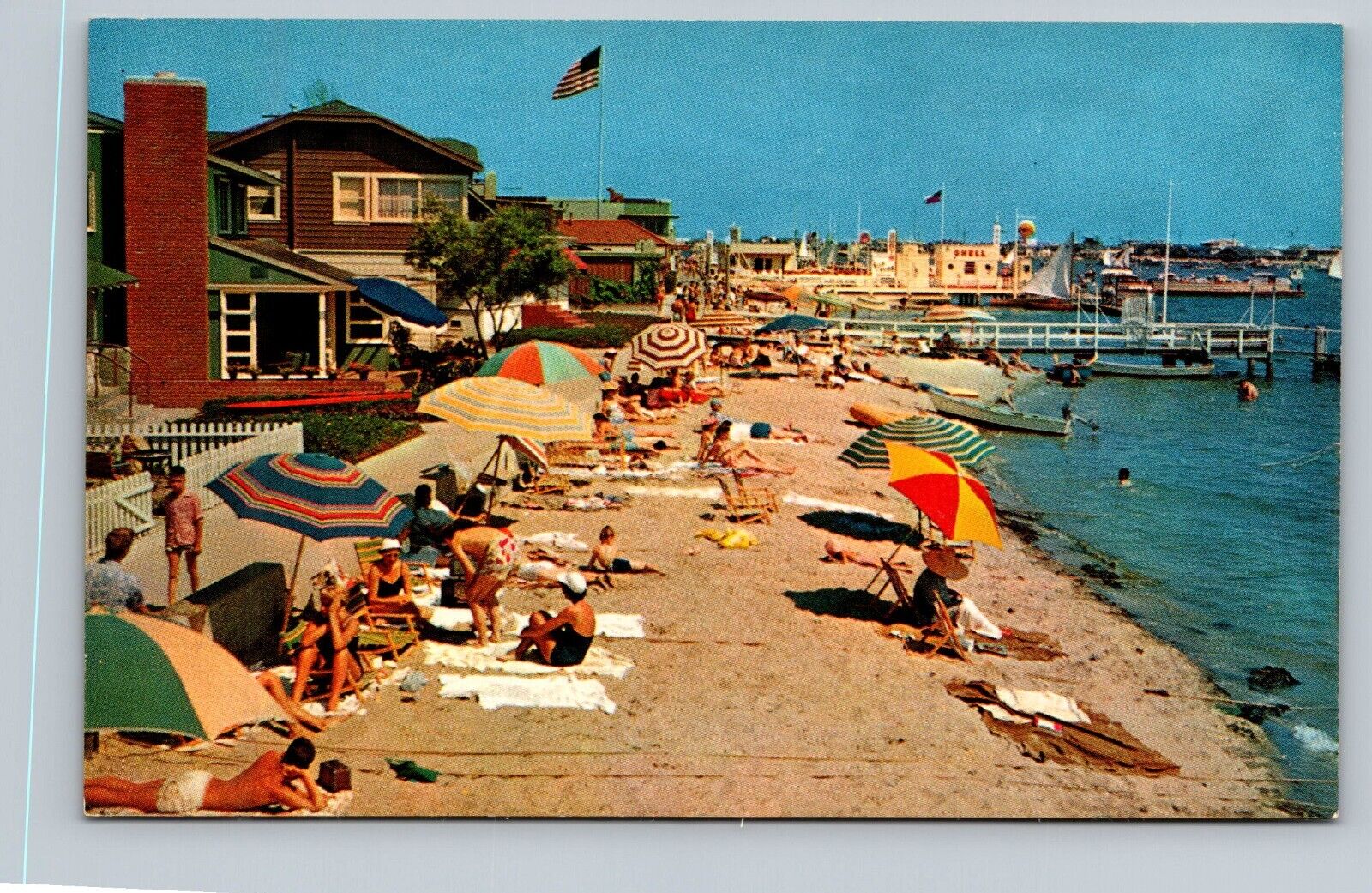 Balboa Island Beach Umbrellas Sun Bathers Swimming California Vintage Postcard