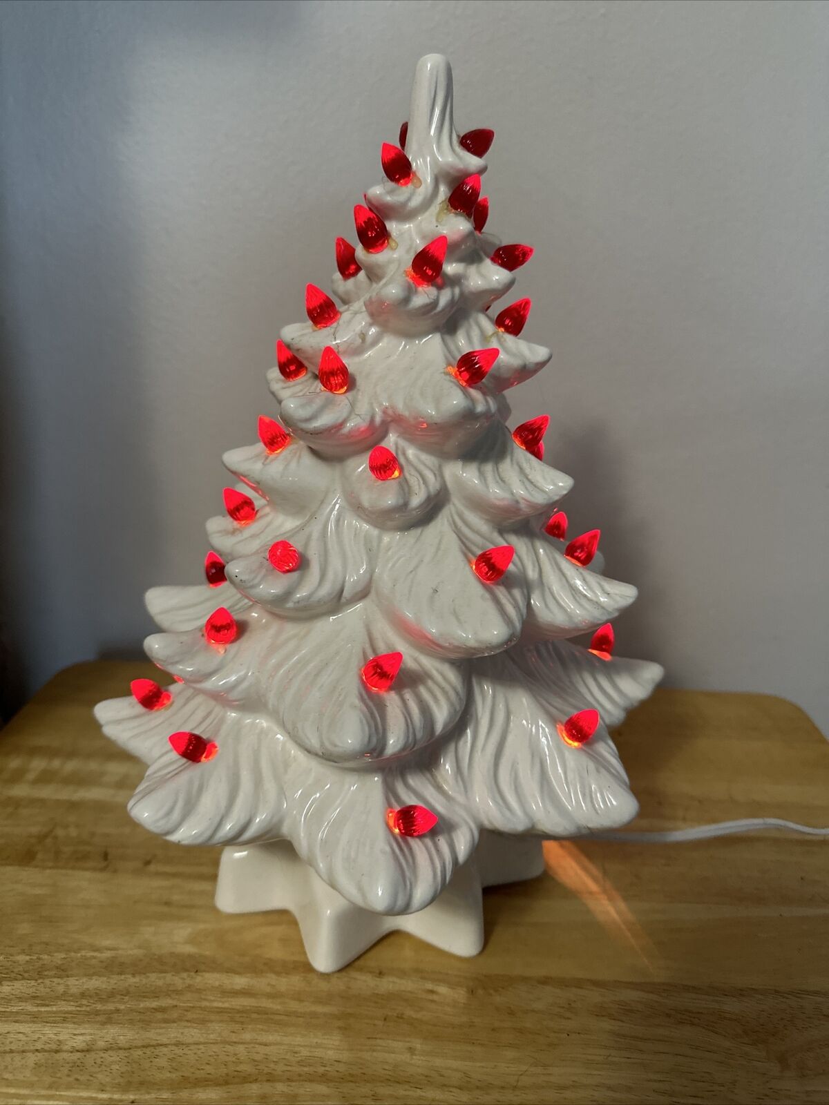 13” Vintage Porcelain White Christmas Tree 2 Pc, Updated Cord & Light