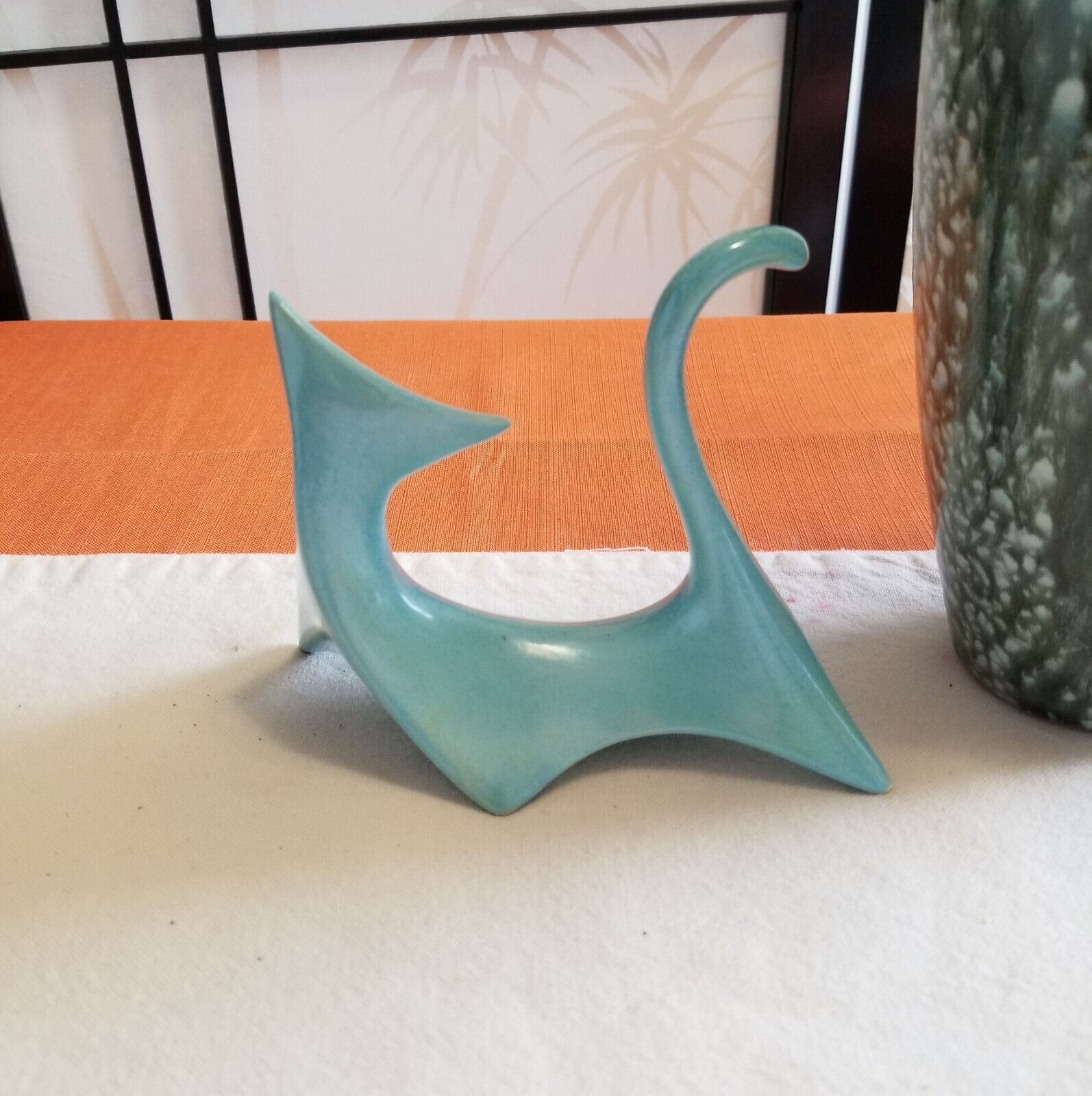 Mid Century MCM - Turquoise Atomic Cubist Ceramic Cat Figurine