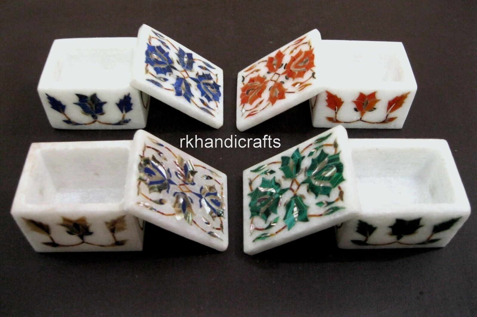 Set of 4 Pieces Marble Jewelry Box Marquetry Art Multiuse Box 2.5 x 1.5 Inches