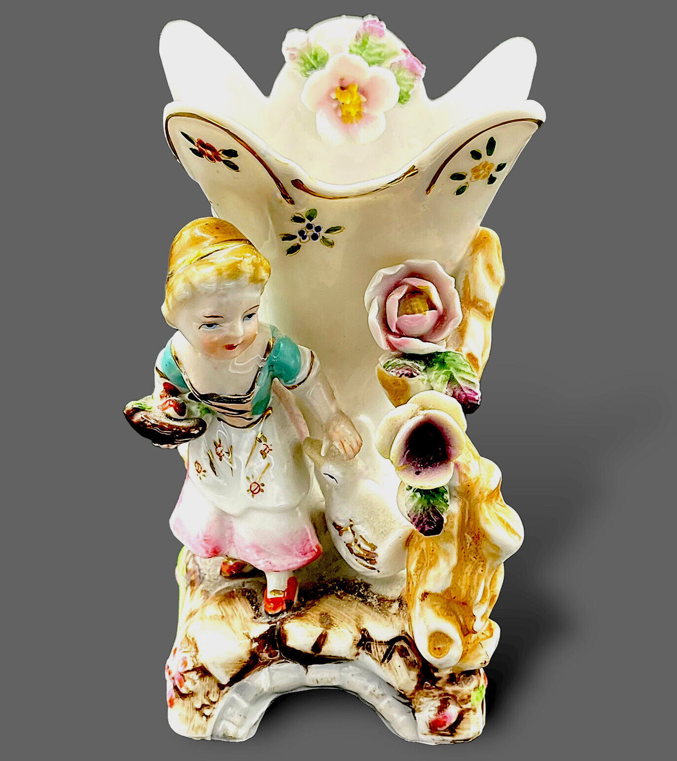 Antique CAMILLE NAUDOT PORCELAIN Figurine Vase Early Marks Girl Duck Rose Estate